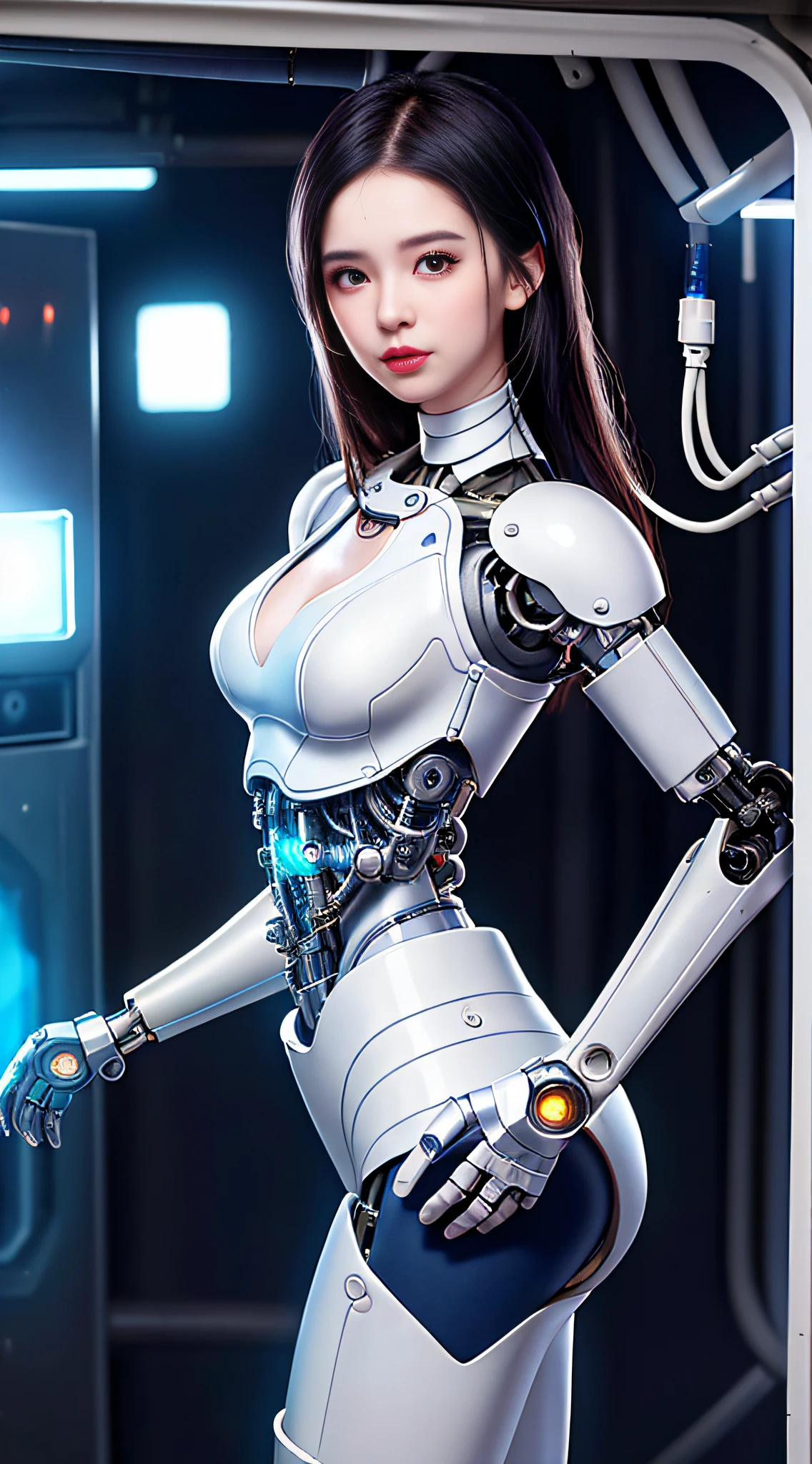 Dystopian, [sci-fi], High Detail RAW color Photo, Full Shot, of (cute female arterial intelligence, cybernetic enhancements), indoors, standing, (inside cryogenic chamber, in advanced cyberpunk research facility), toned physique, (small perky breasts, normal, large ass, (pale skin), (cybernetic implants:1.2), (augmentations), (cyborg:1.1), (detailed skin, diffused skin pores), silicone, metal, (highly detailed, fine details, intricate), (lens flare:0.4), (bloom:0.4), diffused soft lighting, raytracing, shallow depth of field, (Oliver Wetter), photographed on a Canon EOS 5D, 90mm micro lens, f/8, sharp focus, smooth, cinematic film still from Blade Runner 2049, [Cyberpunk:Dieselpunk:0.25]