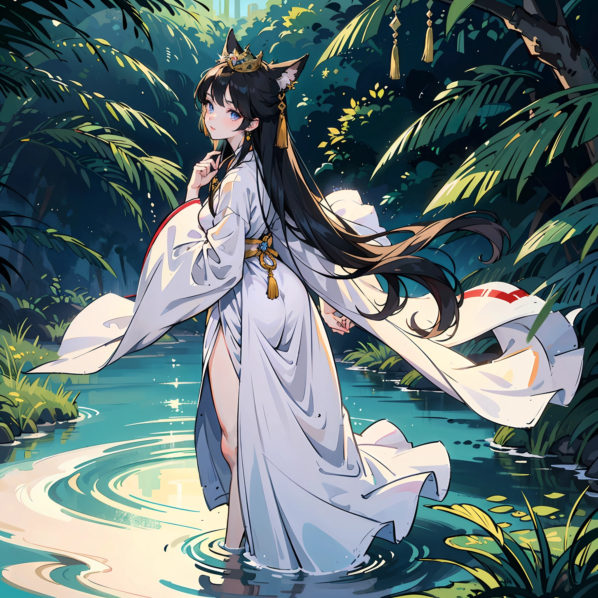 Long black flowing hair, fox ears, long flowing hair fits smoothly on the back, white Hanfu is comfortable and flowing on the body, beautiful shape, blue eyes, 17 years old, feminine female, background: lush forest, standing in the water, tassel hair crown on the head, wearing earrings, necklace, long legs, fox tail behind the back --auto