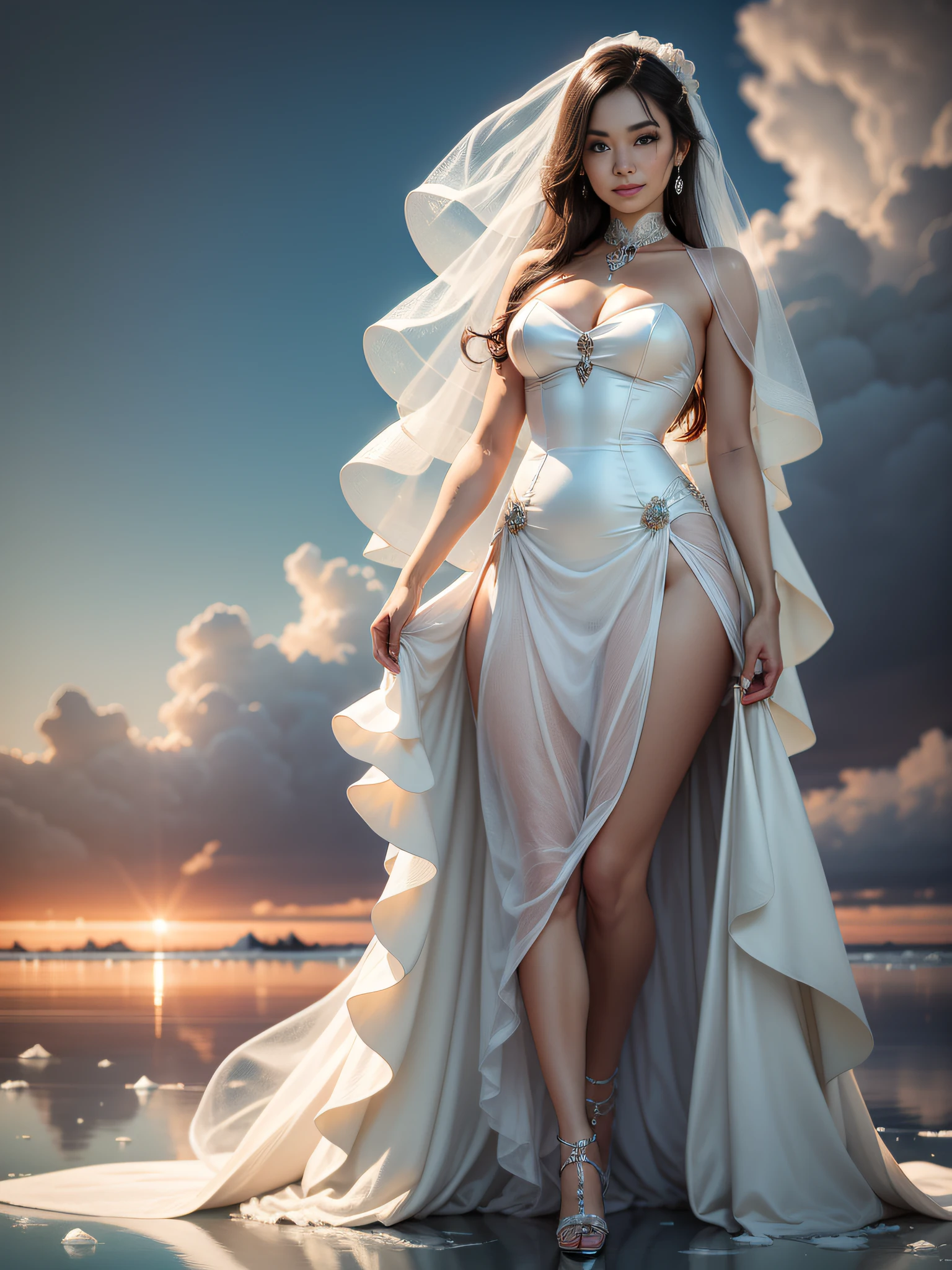 Daisaku, Photography RAW, Beautiful woman in wedding dress standing on ice, looking into the camera, Next to him sat a polar bear， Surrounded by sea and icebergs, blue sky with white clouds。, Light smile, Cinematic lighting, 35mm, hasselblatt, Cinematic lighting, Chiaroscuro, reflected light, ultra high def, Textured skin, Super detail, High details, High quality, awarding winning, Best quality, highly resolution, 16k