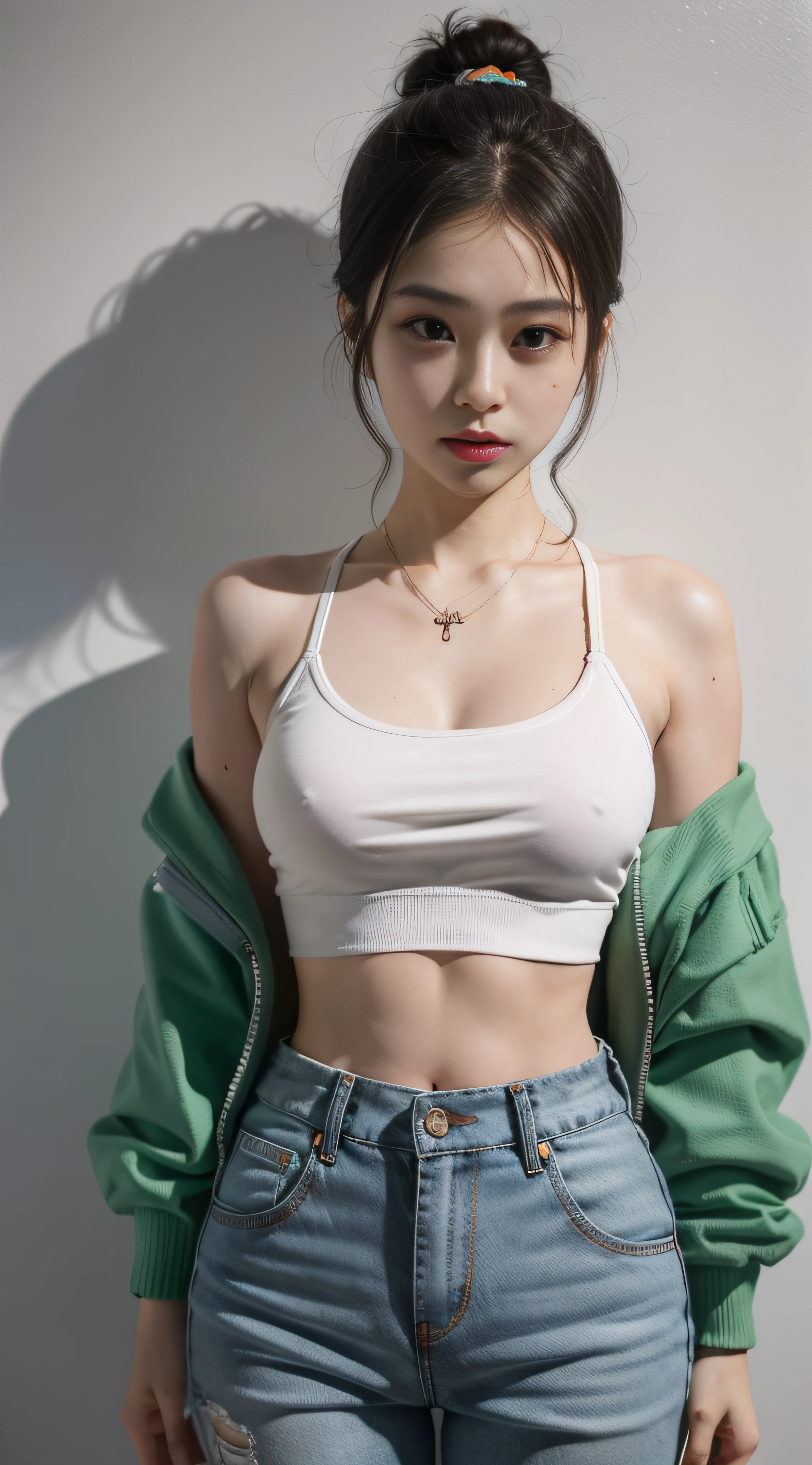 A woman wearing a white blouse and orange pants,the panorama， cropped shirt with jacket, korean women's fashion model, pale green halter top, She is seen wearing streetwear pieces, cute casual streetwear, muted cyberpunk style, her navel is exposed, wearing a sexy cropped top, photo of slim girl model, woman in streetwear, with ripped crop t - shirt, white trendy clothes，Newspaper wall background