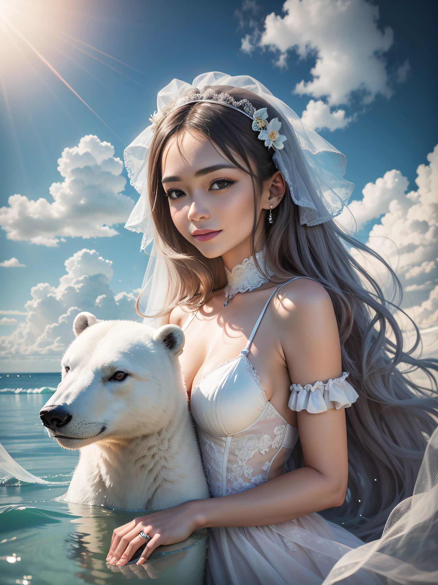 Daisaku, Photography RAW, Beautiful woman in wedding dress standing on ice, looking into the camera, Next to him sat a polar bear, Surrounded by sea and icebergs, blue sky with white clouds。, Light smile, Cinematic lighting, 35mm, hasselblatt, Cinematic lighting, Chiaroscuro, reflected light, ultra high def, Textured skin, Super detail, High details, High quality, awarding winning, Best quality, highly resolution, 16k
