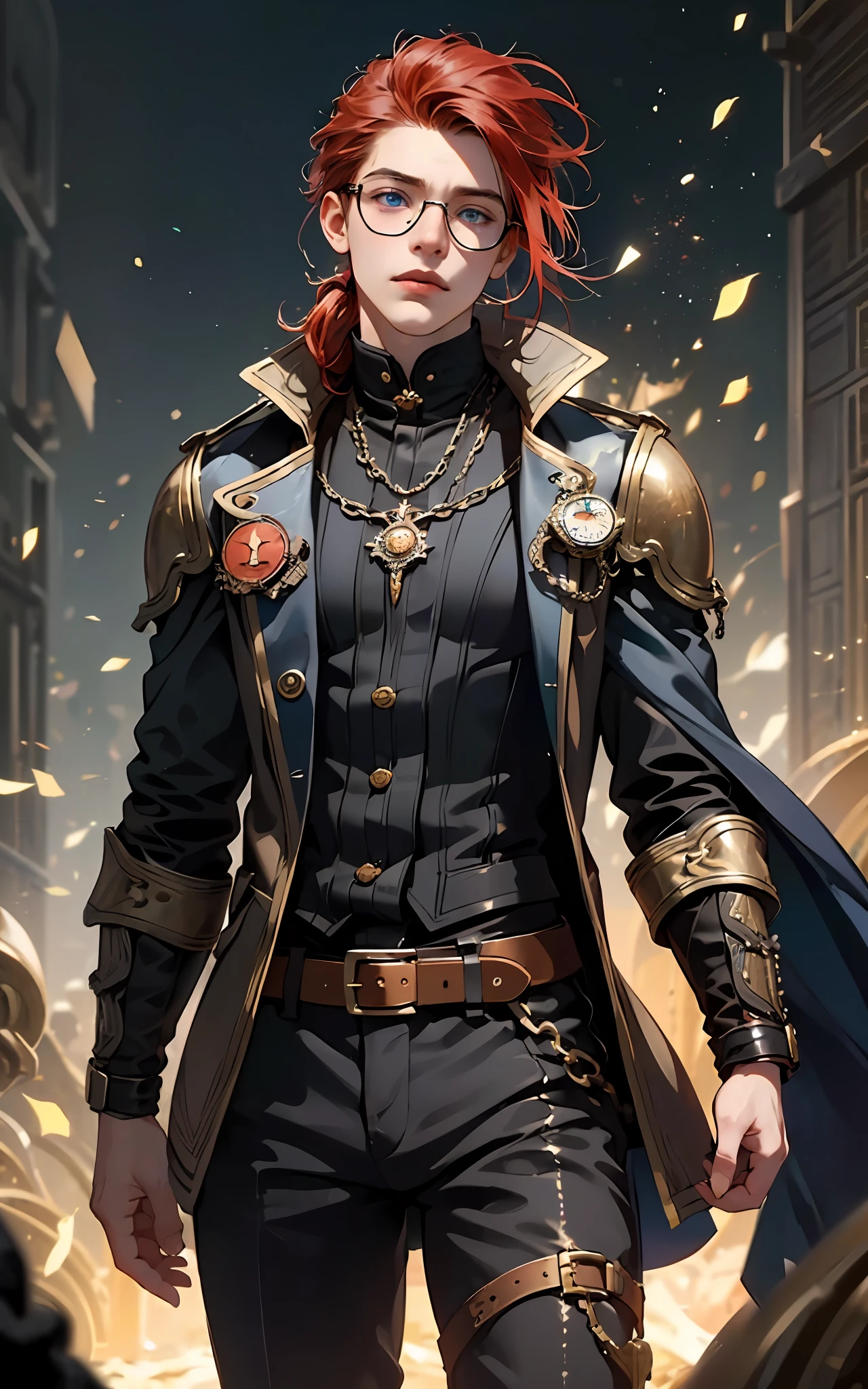 (mediun full shot:1.3),(/(darkest dungeon/) style:0.5),fantasy, dnd, (young guy, shy, tired:1.2), skinny, thin, male hairstyle, kingsglaive garb, wizard outfit, steampunk outfit,glasses, freckles, red hair, ponytail, blue eyes, steampunk, ((magic academy background)), white warm illumination, realistic anime artstyle