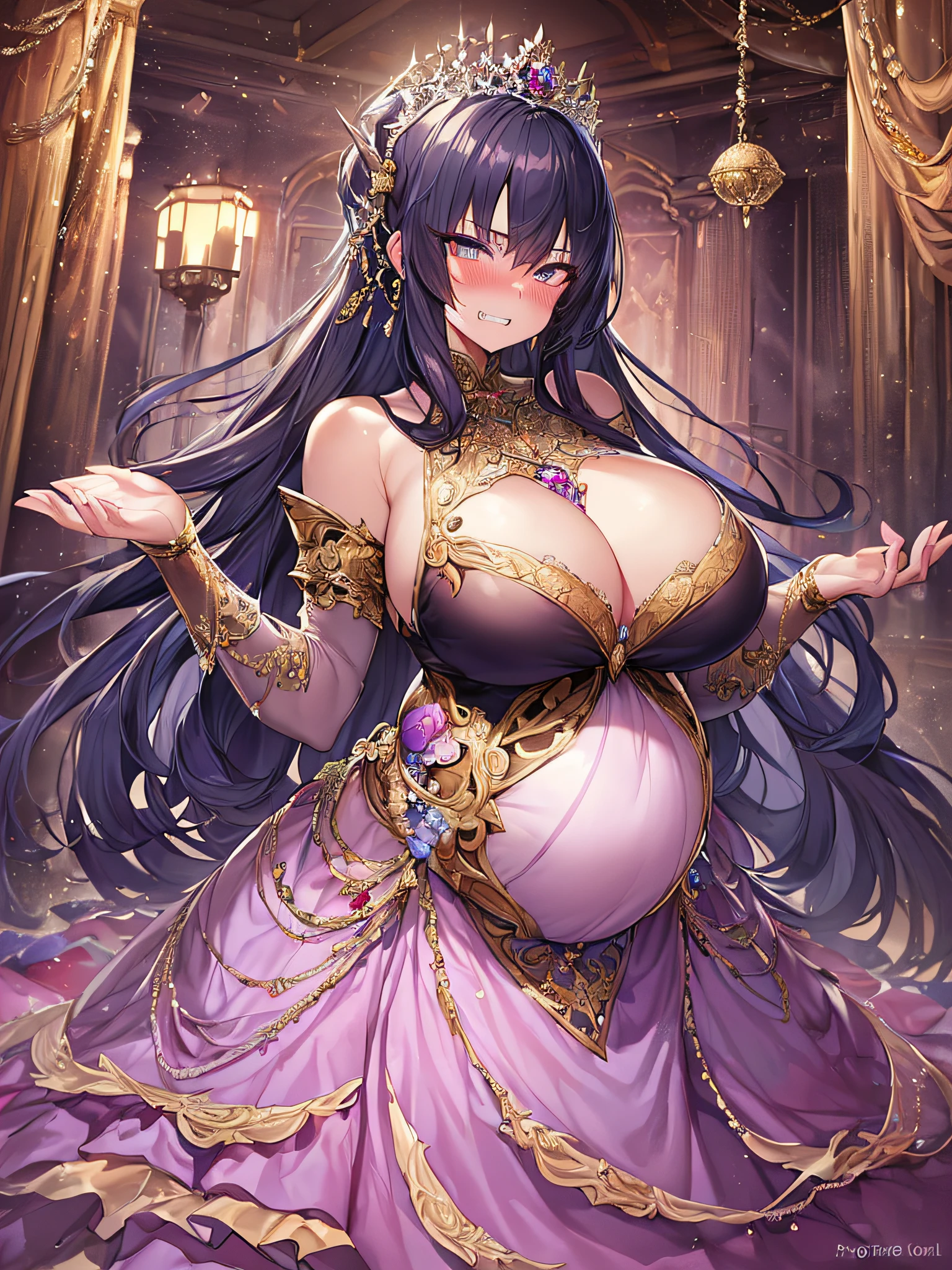 ((anime artstyle)),(Masterpiece),(Best Quality), (Super Detail),((Very Delicate and Beautiful)),Focus on character,Dynamic Angle,Looking at viewer,((Solo)),standing,(((full body))),((one evil pregnant princess in gorgeous ball gown with voluminous skirt)),detailed face and eyes,((heavily pregnant)),((clenched teeth,blush)),embarrassed,jewel-like eyes,((Very Long voluminous Hair)),gorgeous embroidery and lace,See-through,ornate ruffles,Gorgeous jewelry ornaments,luxury hair ornament,luxury and evil tiara with jewels,(gigantic breasts,Long breasts),full body,(((evil and dark atmosphere))),full body,heavily pregnant,(inside of prison),jeweled evil ball gown,(((gorgeous ball gown with voluminous skirt)))