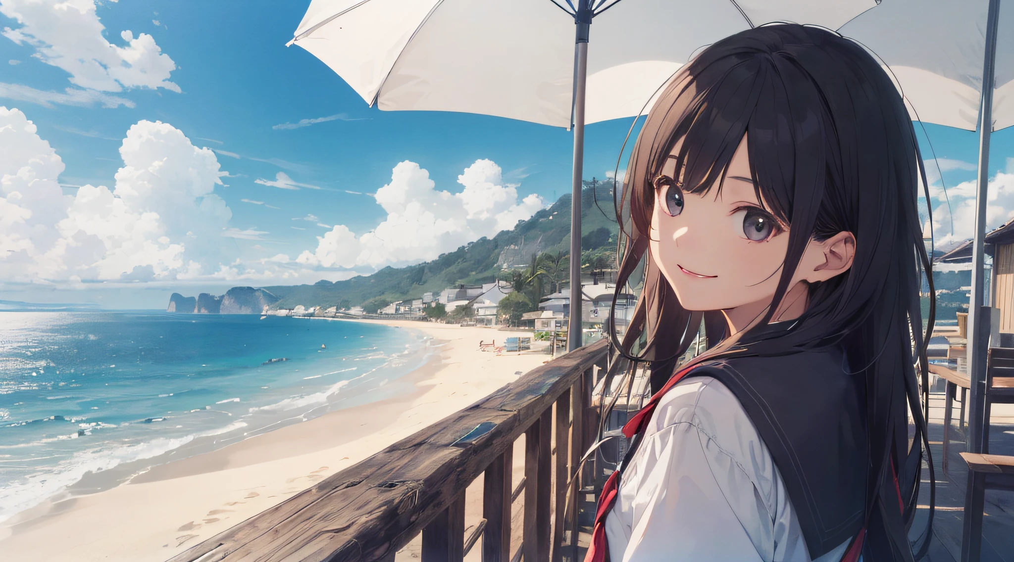 (Top Quality:1.5)、(ultra detaild:1.5)、(Highest quality photos:1.5)、Beautiful schoolgirl、Very cute、Beautiful sea、Horizon、Summer sky、Into the cloud、beach、One person、Staring at the clouds、Radiant smile、