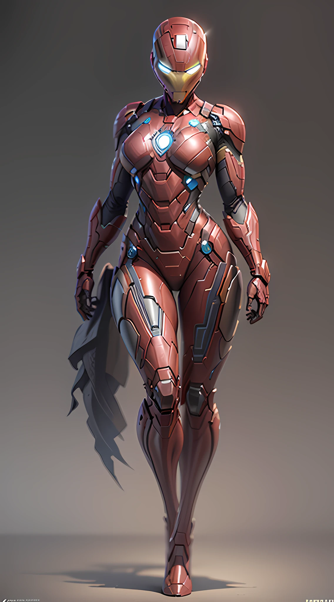 girl dressed as Iron Man from Marvel, big breasts, frontal, full-length, looking at the camera, facing the audience, standing pose, simple background, three-dimensional light, detailed full-body concept, sleek digital concept art, beautiful full-body concept art, art trend, full-length CGsociety,