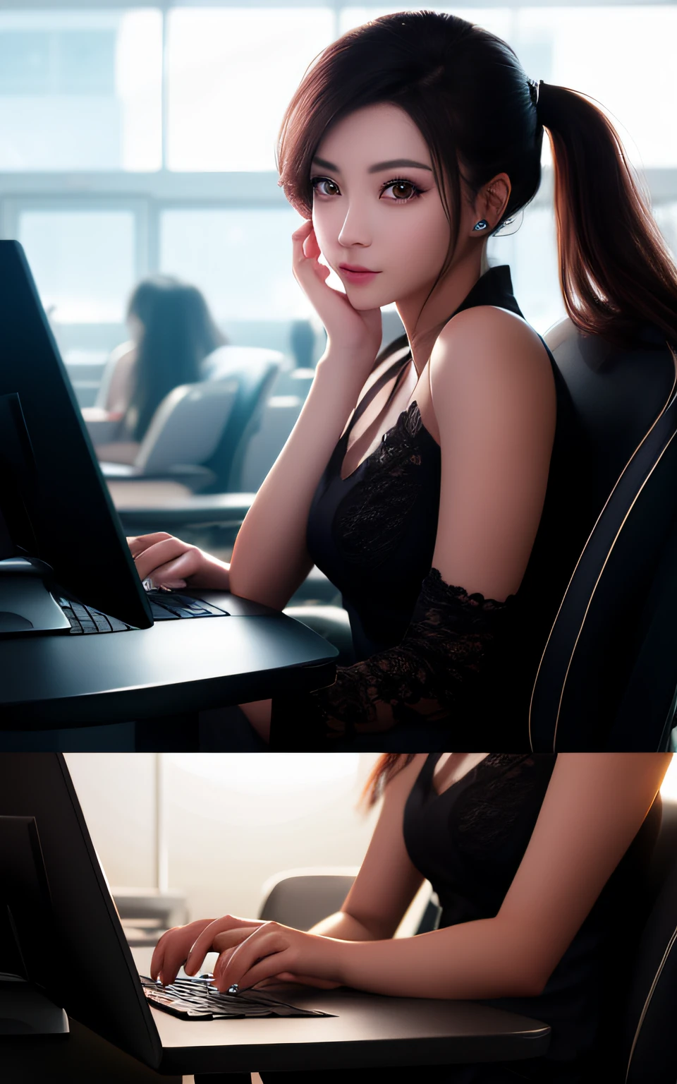 Good quality、nmasterpiece、highly resolution、1 girl with a ponytail、Big eyes staring at the computer screen,One hand tapping on the keyboard、Hold the mouse in one hand,Delicate skin,physics、Tindal effect、extremely lifelike、Internet cafe、edgelighting、duotone lighting、(High Detail Skins:1.2)、8K UHD , DSLR, softlighting, high qulity, volumettic light, photographs, highly resolution, 4K, 8K, Background bokeh,In the Internet café,Look at the computer screen,Back Shadow