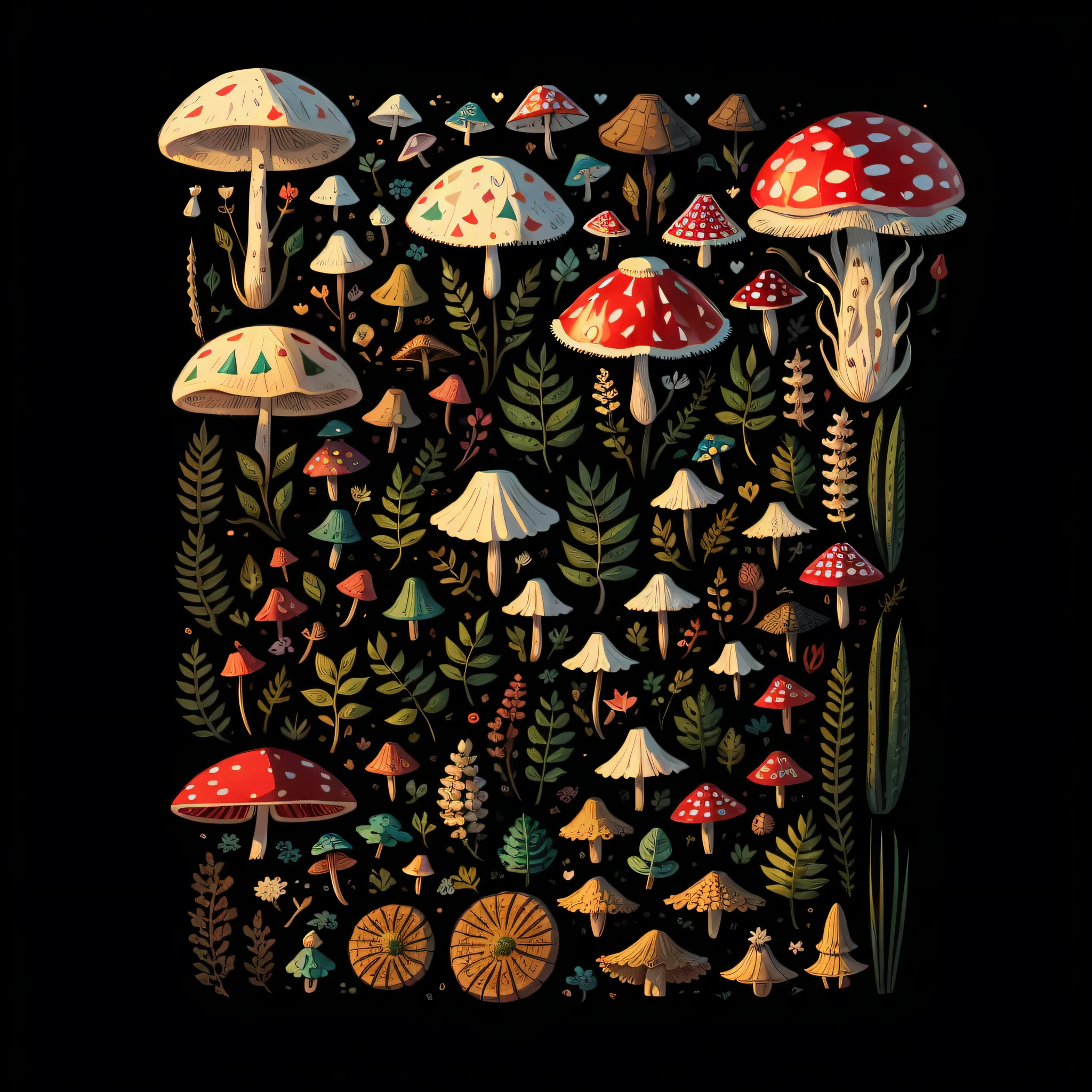 (Super detailed illustration, mejor calidad, obra maestra), con un tema de cebolla y estilo macro, sobre la base del hongo de cuello largo, hongo de cola larga, con hongos oscuros y hongos Amanita, The team of mycologists carried out a magical investigation for this, presentando los detalles de los hongos en detalle, especialmente la mosca venenosa Amanita, que fue impresionante. Digital illustrations are thin, oversized eyes, expresiones similares a las humanas, y los hongos oscuros juegan un papel importante en ellas. " --auto
