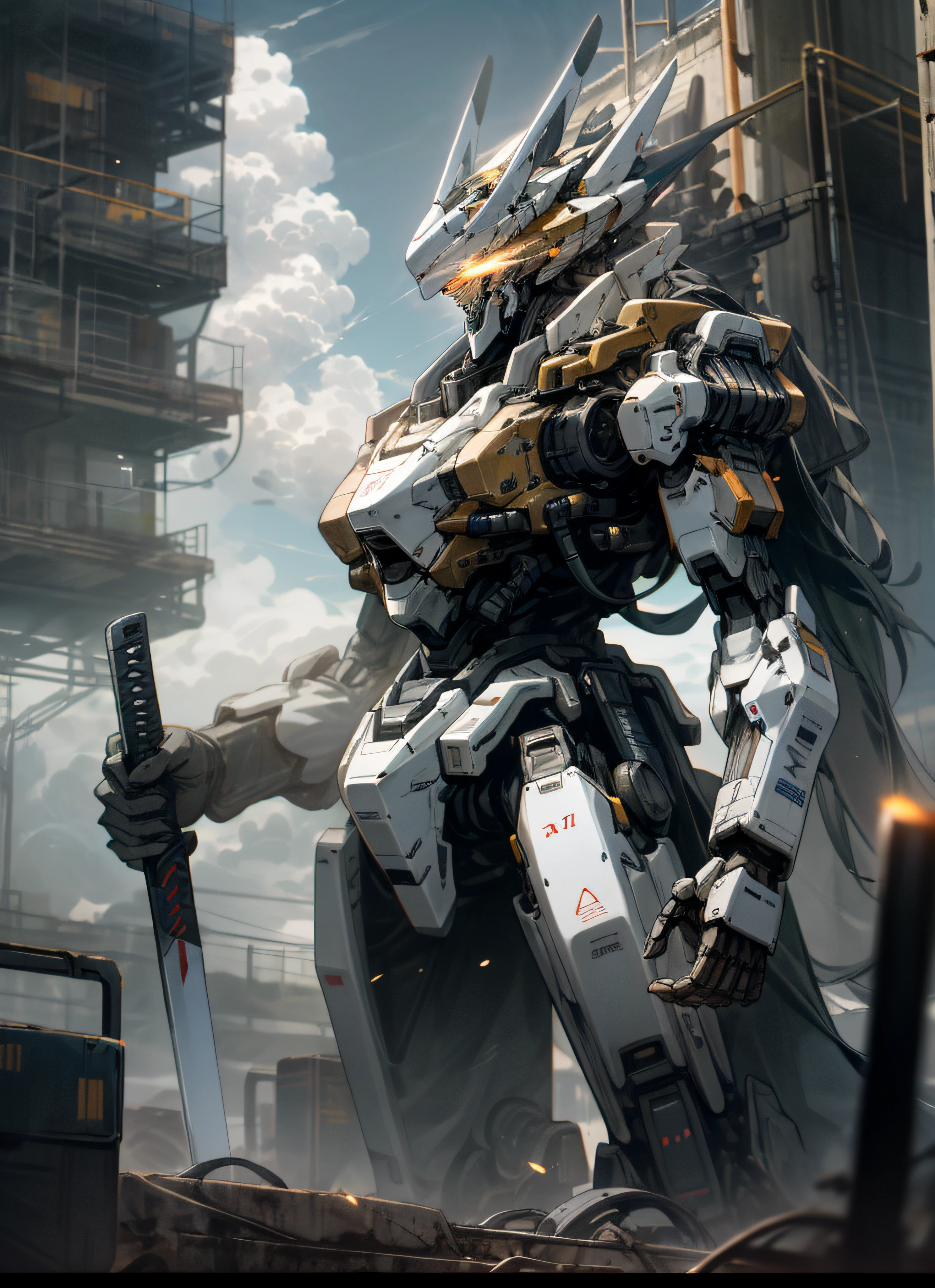 skies,the clouds,holding_weapon,no_humans,glowing with,,Robots,architectural,glowing_eyes,mecha,Science fiction novels,jiji,realistically,mecha,1girl,very detailled,