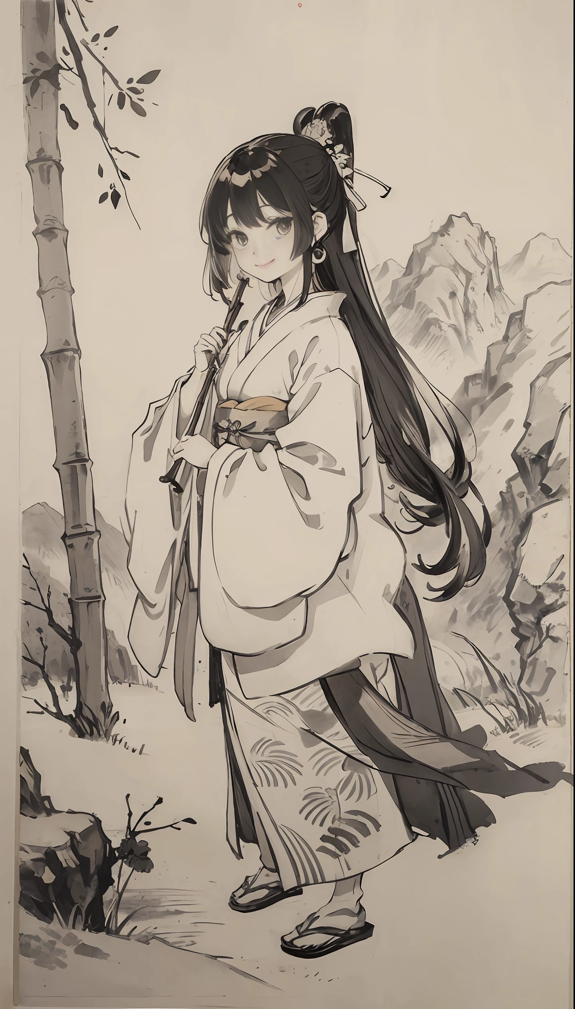 (Masterpiece, black-and-white,Best Quality: 1.2), traditional ink painting, green mountains, bamboo, simple composition,1 japanese girl, Kimono, Smiling, from front,Looking at Viewer