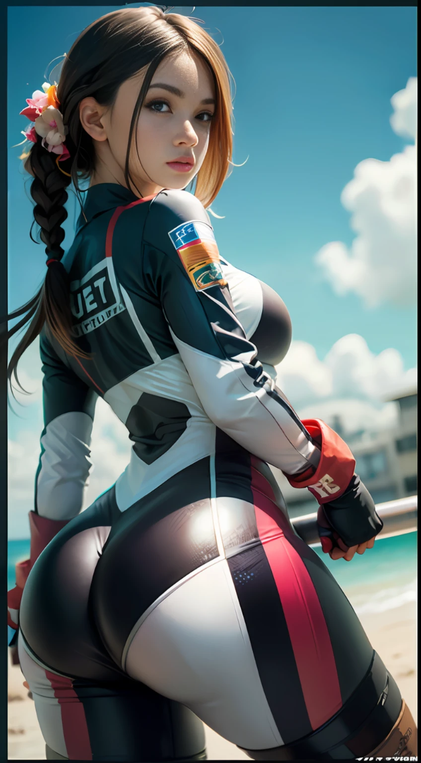 racing suit,sandbeach,(Inspired by the Avengers),ponytailbraid,One-piece unisex trousers,machine girl,Security level,huge butt,(8K,photo RAW,Fotorrealista:1,25),(Excessive lip gloss,Lots of eyelashes,Best qualities,The ultra-great resolution,deep of field,color difference,Wide light,Natural colors,Distant pictures(1:2)