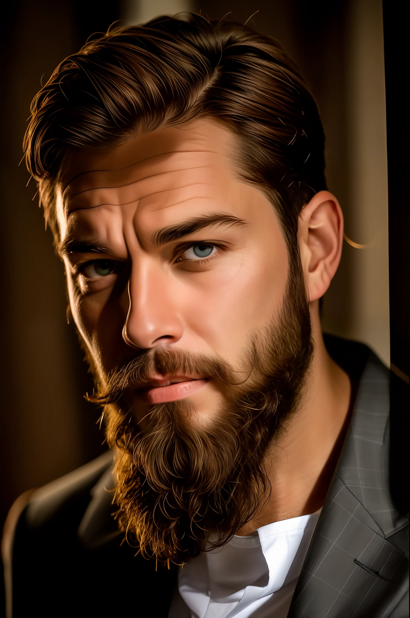 arafed man with a beard and a suit jacket looking at the camera, very attractive man with beard, cinematic headshot portrait, thick brown beard, groomed beard, brown beard, bearded beautiful man, light beard, short brown beard, antony starr, grizzled beard, man with beard, bearded man, scruffy brown beard, neat beard, bearded, thick beard