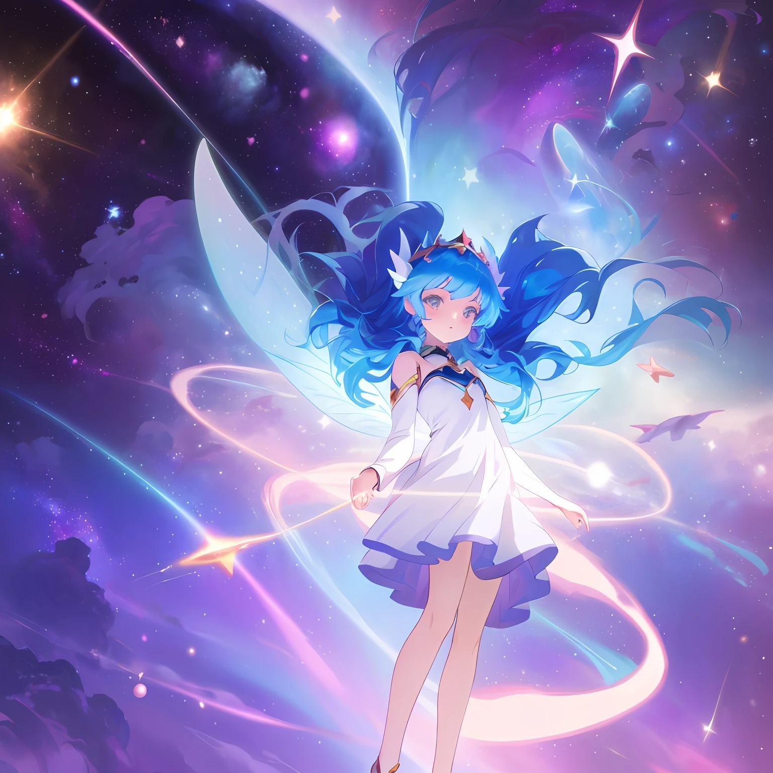 anime girl in a white dress with blue hair and stars in the background, anime girl with cosmic hair, magical fairy floating in space, astral fairy, beautiful celestial mage, space flower fairy, goddess of galaxies, anime fantasy illustration, beautiful fantasy anime, celestial goddess, princess intergalactica, her hair is the milky way, goddess of space and time, girl in space