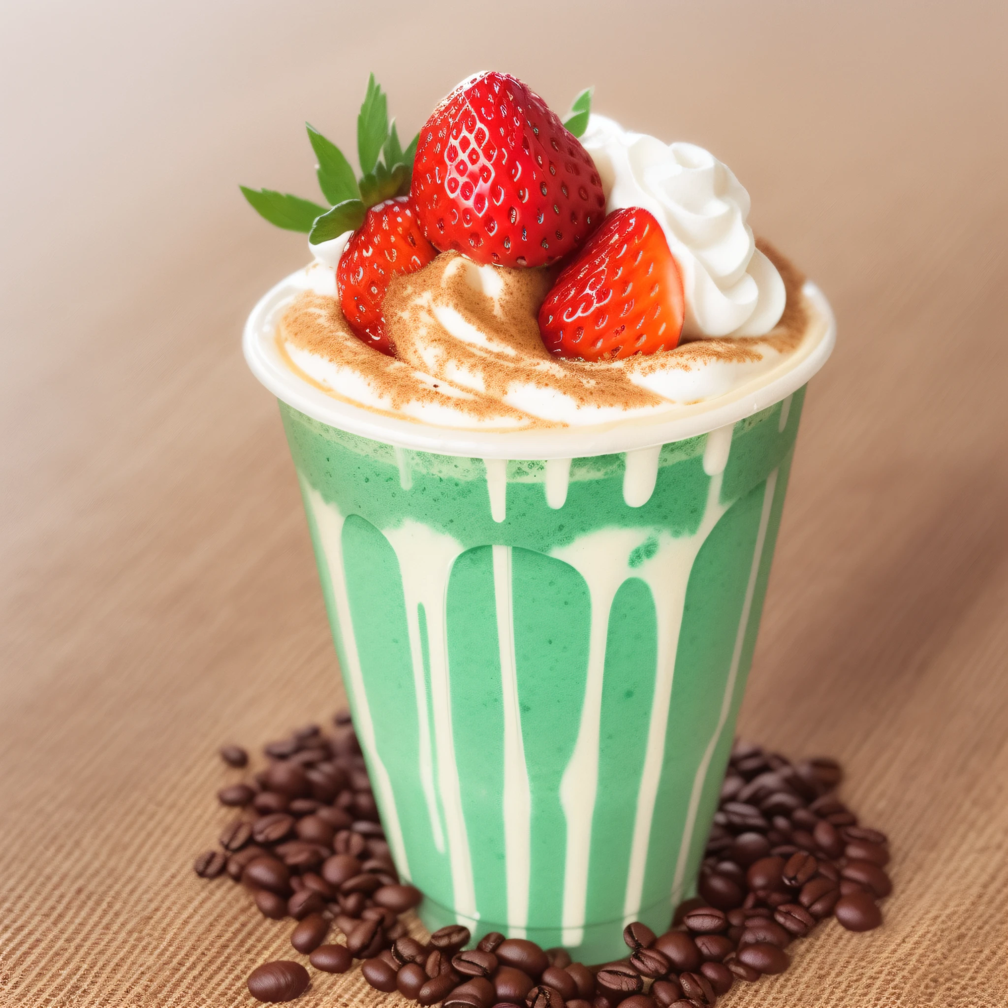 coffee cold cup frappuccino with whipped cream and strawberries on top watercolor illustration, centred, High quality, Very detailed, Adorable, Cute, white paper background