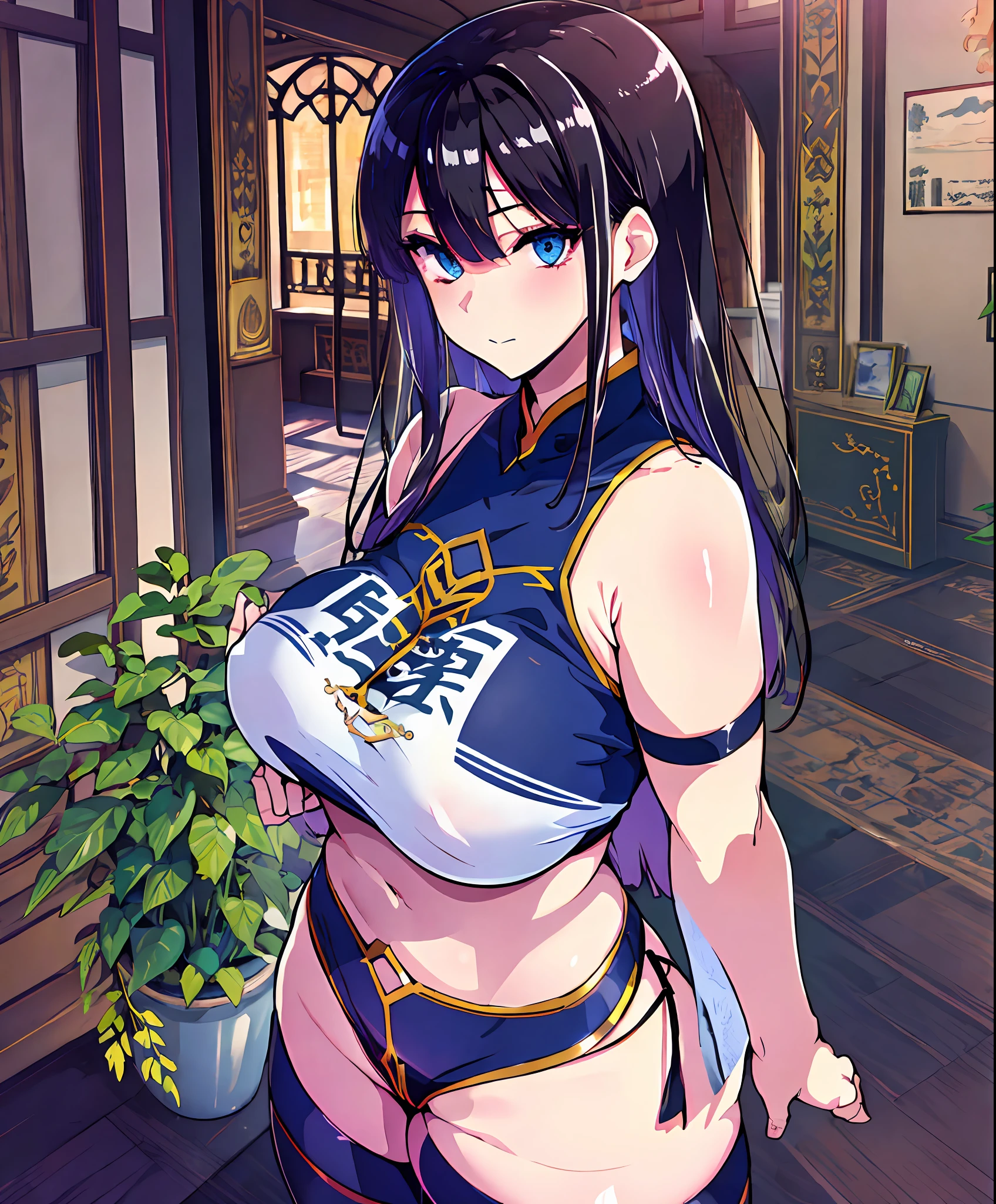 巨作, highly best quality, High_resolution, Fine details, an extremely detailed and beautiful, Distinct_image, 1个女孩, , dark haired,Blue Eye, (gigant breasts), (titts),Curve,Black T-shirt,long hem,(thighhigh),porch,Miniskirt