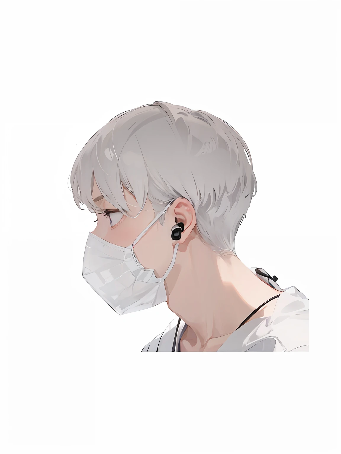 a close up of a person wearing a face mask and earphones, hair black,wearing face mask,white neck visible, medical mask, surgical mask covering mouth, side of head, shelter, side view profile centered,wearing transparent glass mask, partially masked