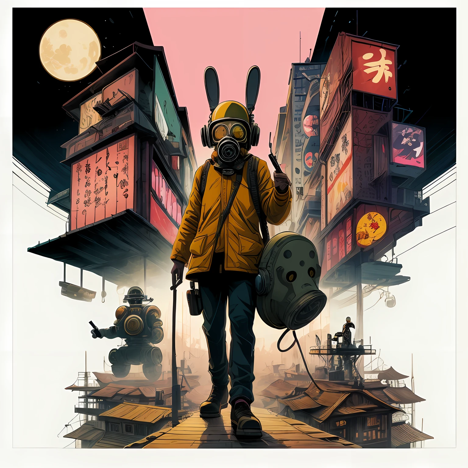 tekkonkinkreet, ukiyoe painting, White background and noting behind , a gas mask, Robot goggles, headphones, mechanical bunny hat, Cross-processing effect, Full body, Pink, android, have a gun in hand