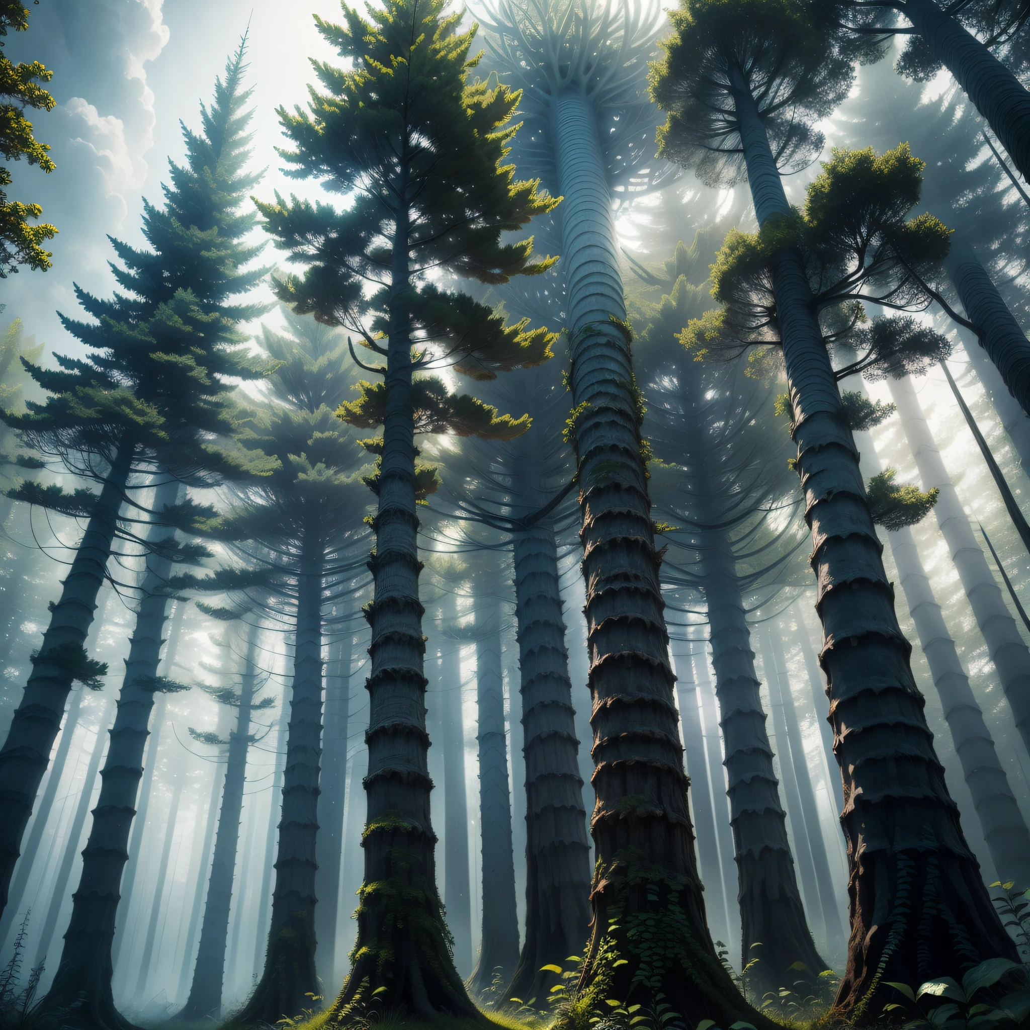 enchanted forest,towering trees,Black sky,A sense of oppression