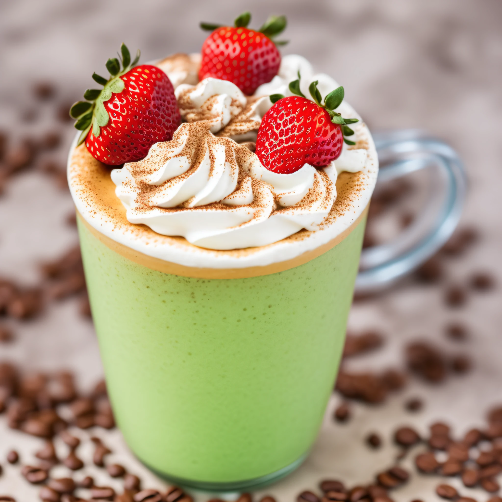 Coffee cold cup frappuccino with whipped cream and strawberries on top, centred, High quality, Very detailed, Adorable, Cute, white paper background