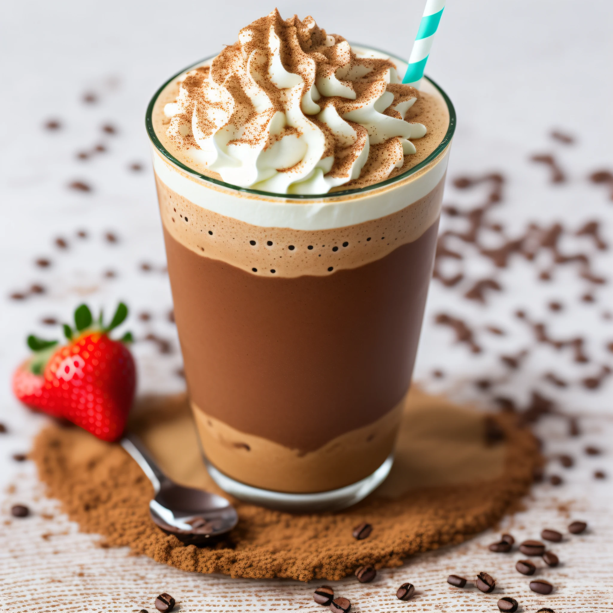 Coffee cold cup frappuccino with whipped cream and strawberries on top, centred, High quality, Very detailed, Adorable, Cute, white paper background