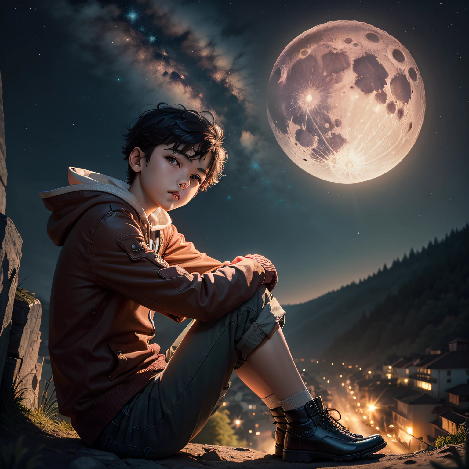 a boy sitting on hill at moon night --auto