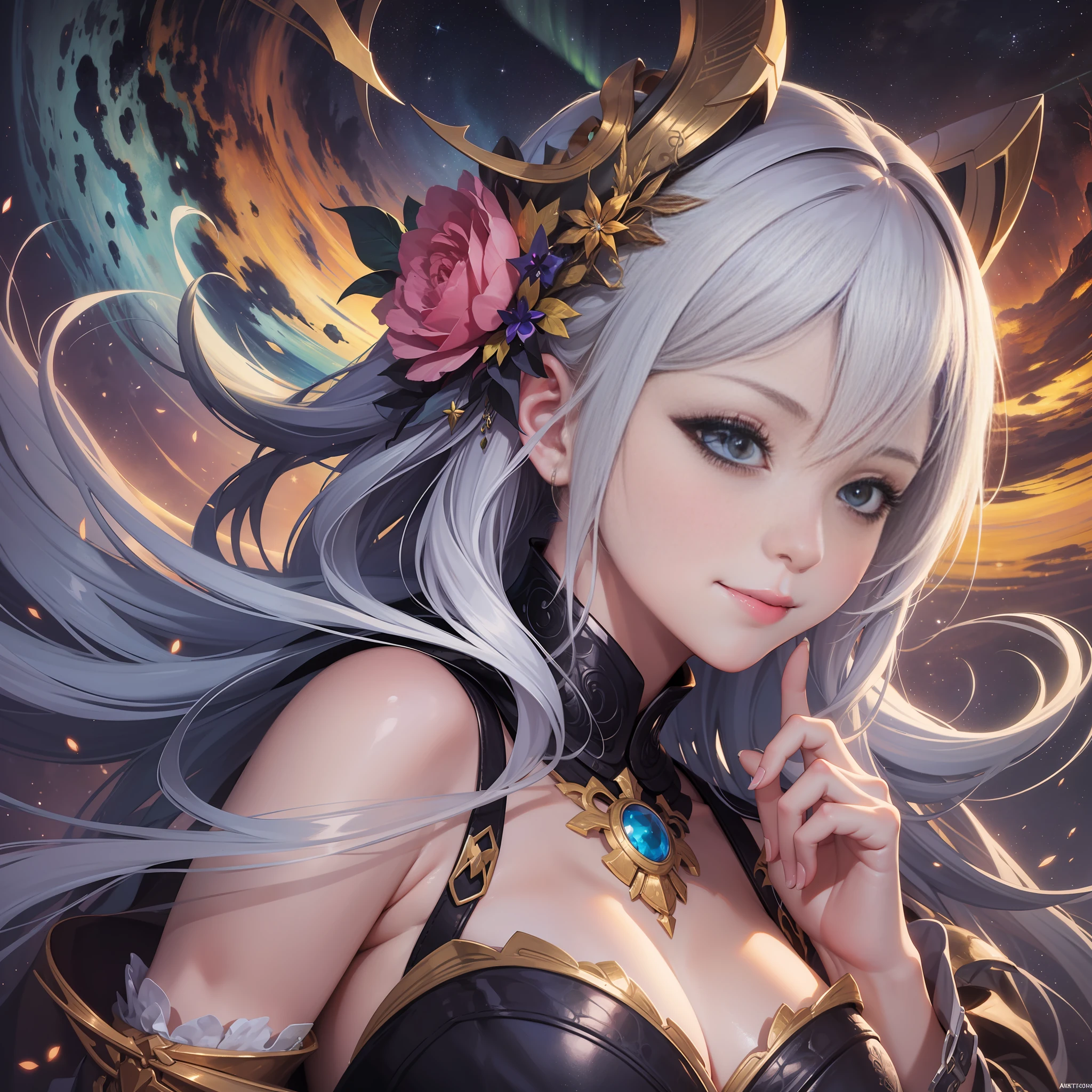 pop art、a girl、the universe、vulcano、Aurora、Top Quality、巨作、Seductive Smiling, detailed fantasy art, Stunning character art, Fanart Meilleure ArtStation, epic exquisite character art