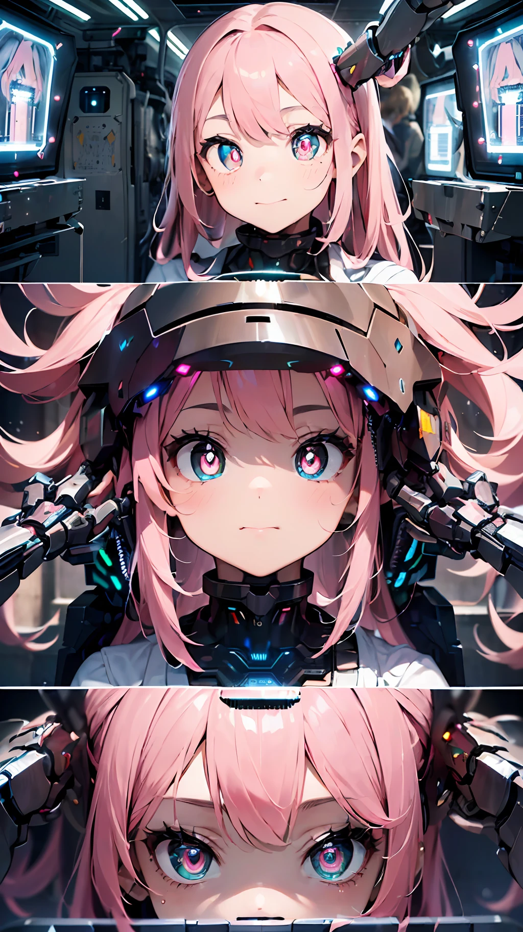 (half of the face is a machine:2)(machine arm:2)(((masterpiece))),((ultra detailed,best quality, highres, 8k wallpaper, beautiful Clothes,)),fullbody,fullbodyshot (1 girl)((pink hair, long hair,straight hair,two side up)) (green eyes),eyeshadow, eyeliner,glow eyes, hyper detailed eyes, intricate eyes, beautiful eyes, ((glowing pink pupils))18-year-old girl.