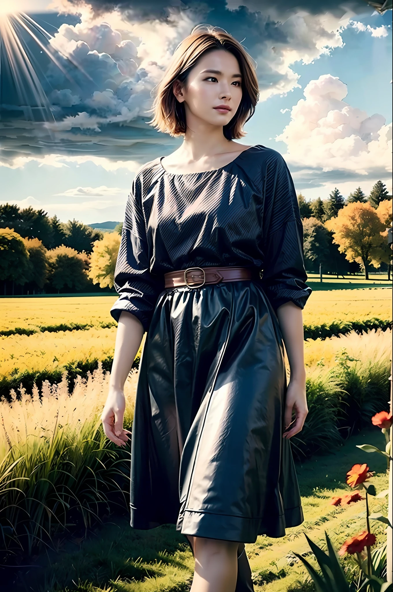 (realistic:1.3), finely detailed, quality, rembrandt lighting, (masterpiece:1.2), (photorealistic:1.2), (best quality), (detailed skin:1.3), (intricate details), dramatic, ray tracing, 1girl, american white girl, blonde hair, 21 years old, medium breasts, (Meadow, Sun, Clouds, Field, Farming, Starlight, Walking trail)
