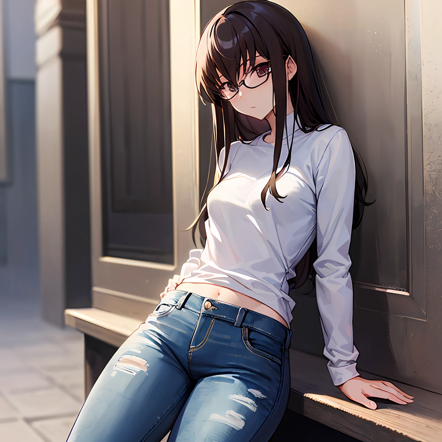ultra detaild、((Master Masterpiece、Top Quality、detail detail))、Hard rim lighting、((Dramatic lighting))、Sharp focus、Onegirl、Code Geass、C.C.、Dark hair、Black-rimmed glasses、The whole body、Shirt、jeans、Small breasts、Slender
