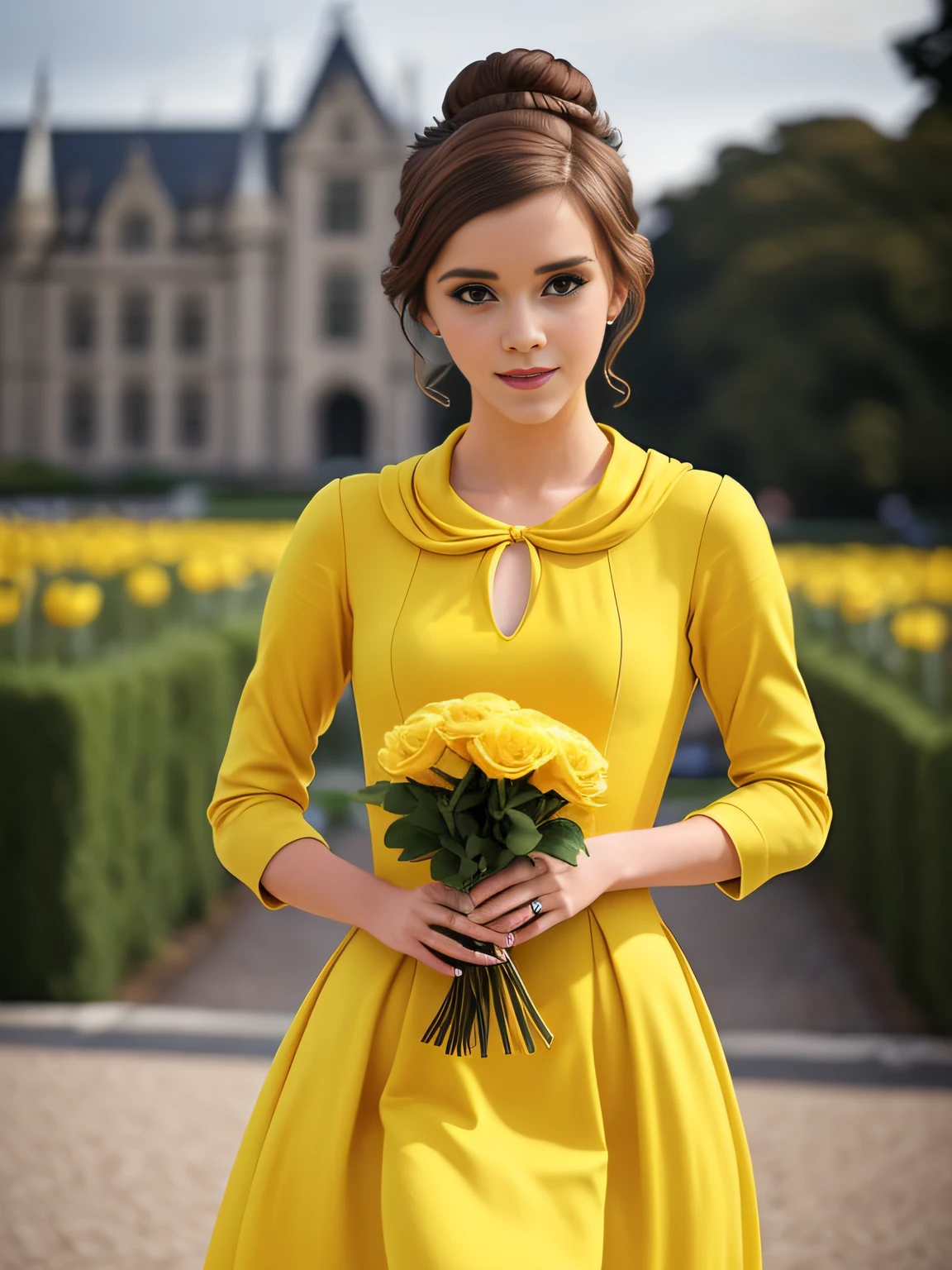 Emma Watson，photo of CarmD a beautiful princess wearing a yellow gown, （elegantly，Nice face），Curls，（Cheeky smile：0.8），Pale skin，（Intricate details，finely detailled，ultra detaile），(BelleWaifu:1), surprised, kawaii, Cute pose, look  at  viewer, Thick thighs, (long dress in yellow:1.4), (hair in top bun, headware) :D, curvy build, (holding a red rose:1), (Realistic:1.2), (Realism), (巨作:1.2), (Best quality), (ultra-detailed detailed), (8K, 4K, complex),(full body shots:1),(cow-boy shot:1.2), (85mm),Light particles, Lighting, (Highly detailed:1.2),(Detailed face:1.2), (gradients), sf, Colorful,(Detailed eyes:1.2), (detailed ladscape, garden, botanic, Castle:1.2),(细致背景),detailed landscape, (Dynamic angle:1.2), (Dynamic pose:1.2), (rule of third_composition:1.3), (Line of action:1.2), wideshot, day light, 独奏,