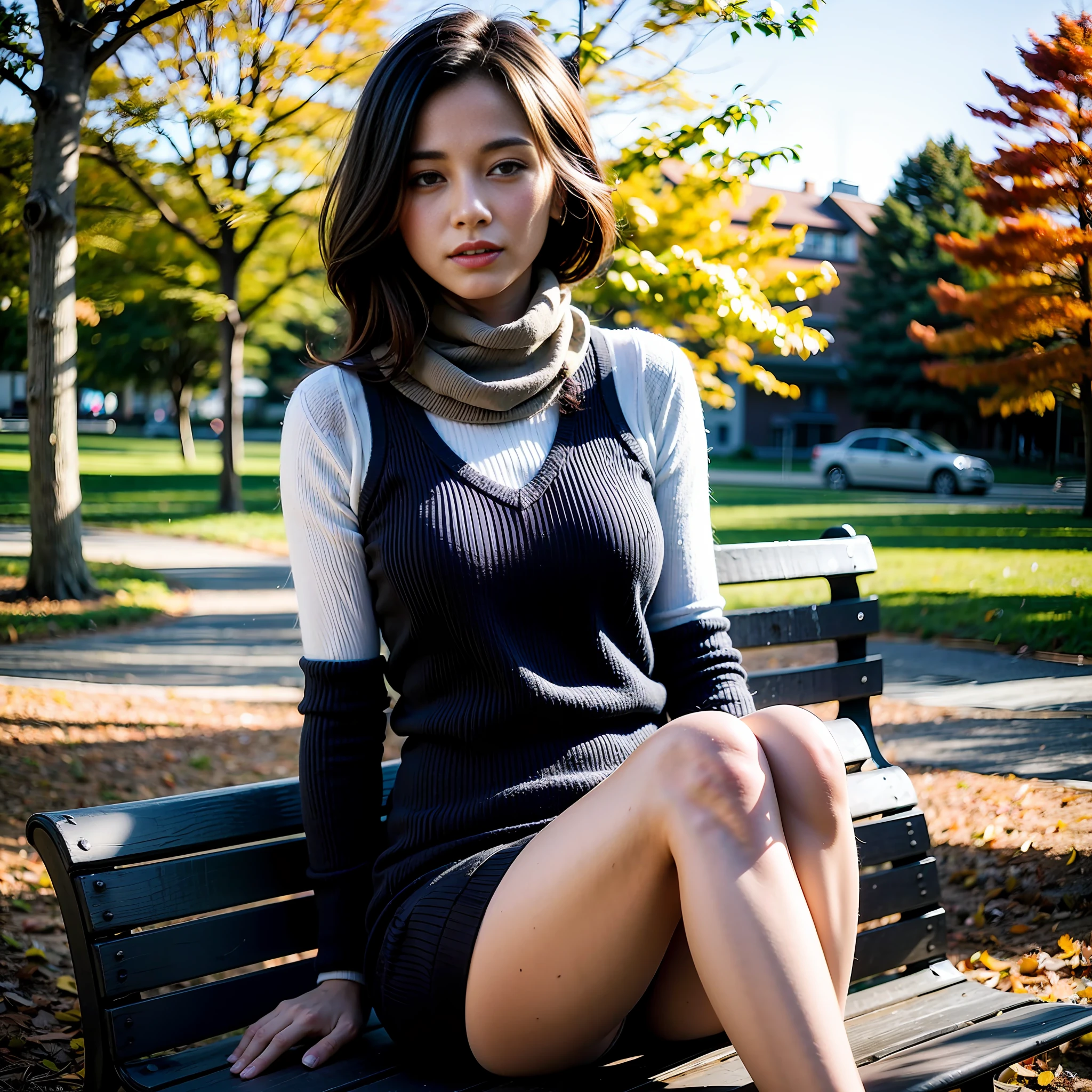 (8k, best quality, masterpiece:1.2), (realistic, photo-realistic:1.37), ultra-detailed,best quality, ultra high res, professional lighting, photon mapping, radiosity, physically-based rendering, cinematic lighting,woman sitting on a bench, in the autumn, during autumn, in autumn, women solo, sitting on a park bench, sitting in a colorful forest,melancholy autumn light, sitting on a bench, 🍂 cute, boh hairstyle, blonde hair, 27 years old, raw photo, scarf, mature