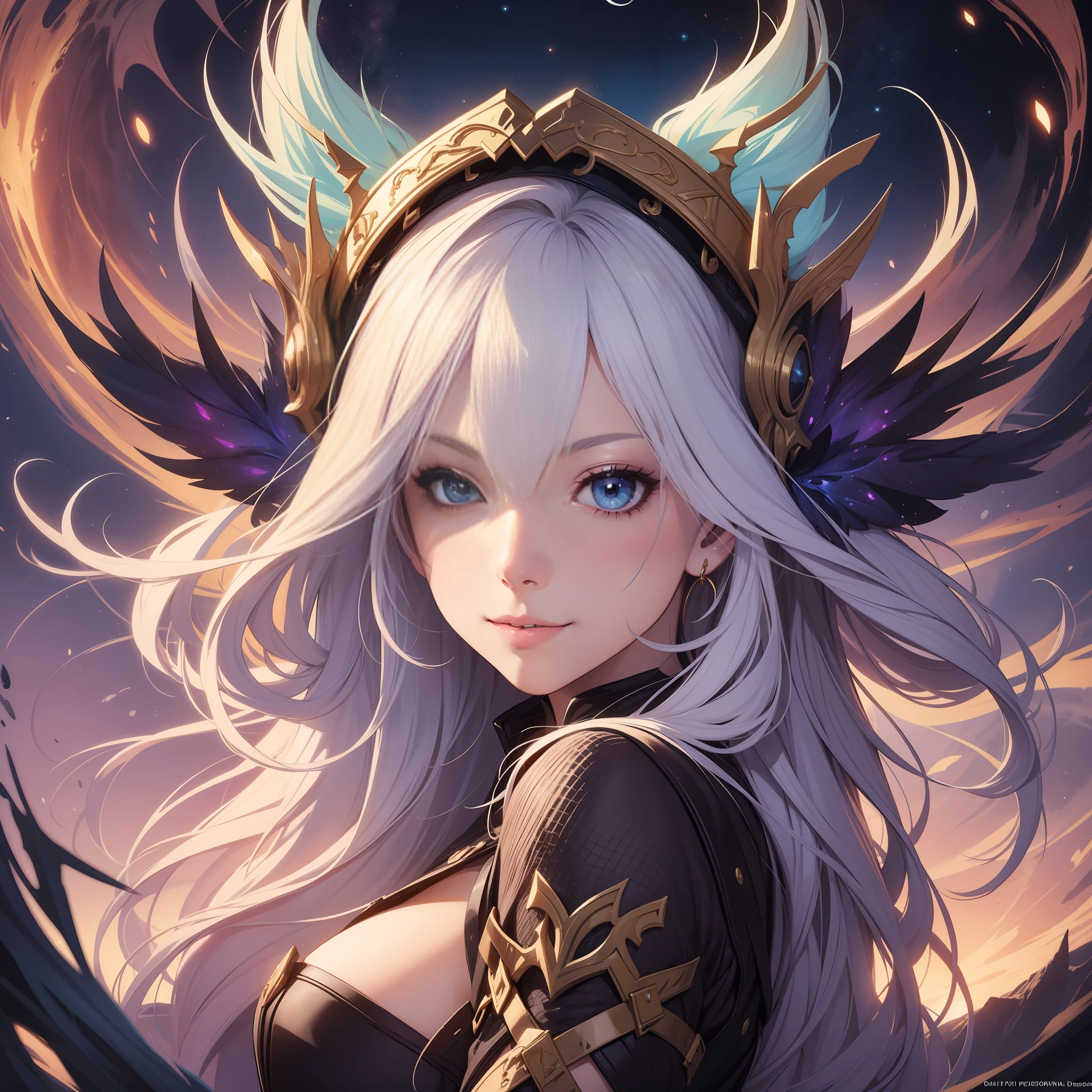pop art、a girl、the universe、vulcano、Aurora、Top Quality、巨作、Seductive Smiling, detailed fantasy art, Stunning character art, Fanart Meilleure ArtStation, epic exquisite character art