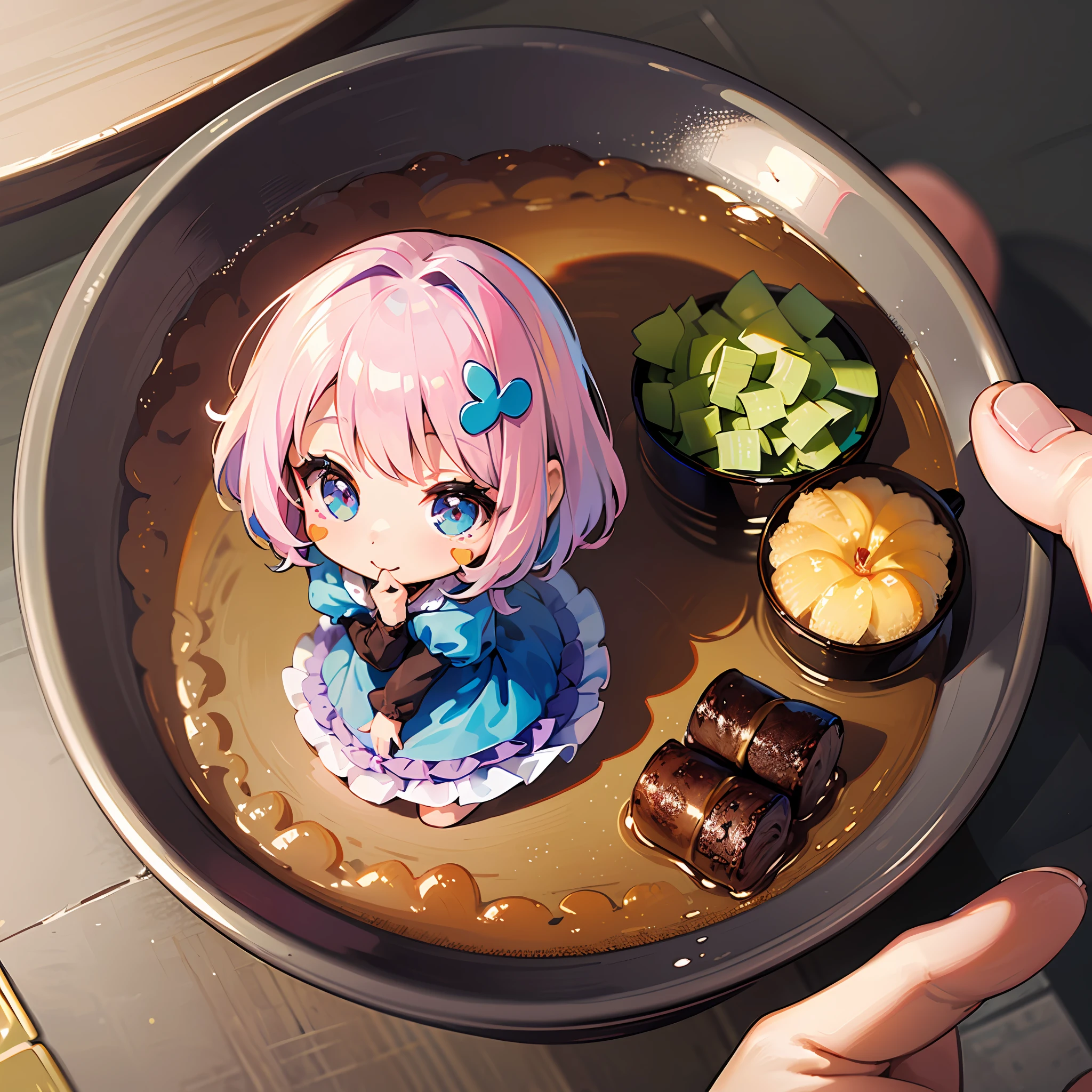 ((sticker:1.5)))、((Chibi Chara))、(((lunch))、fluffy、1girls、Eat lunch、Strongest、Chibi Chara、ful body、pastel-colored hair、Fairy tale、Fantastical、Masterpiece、beste Quality、high picture quality