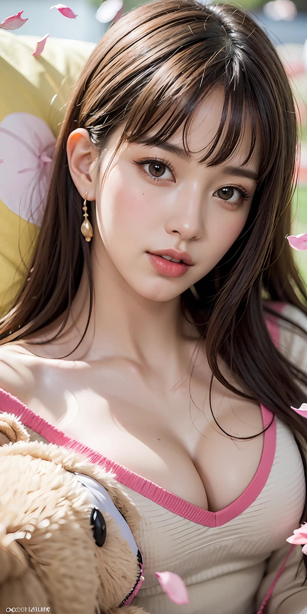 1girl walking on the river, mix4, sweater, pillow, lips, open_mouth, realistic, photo_\(medium\), solo, stuffed_animal, stuffed_toy, teddy_bear,(masterpiece),(photorealistic:1.3), ultra-detailed, (high detailed skin:1.2),(best quality:1.0), (ultra highres:1.0), (ulzzang-6500:0.3), wavy detailed hair, long hair, sunshine, (beautiful detailed makeup), (sexually aroused blushing heavy breathing:1.0), floral theme flower petals scattered, (soft glow bloom:0.5)