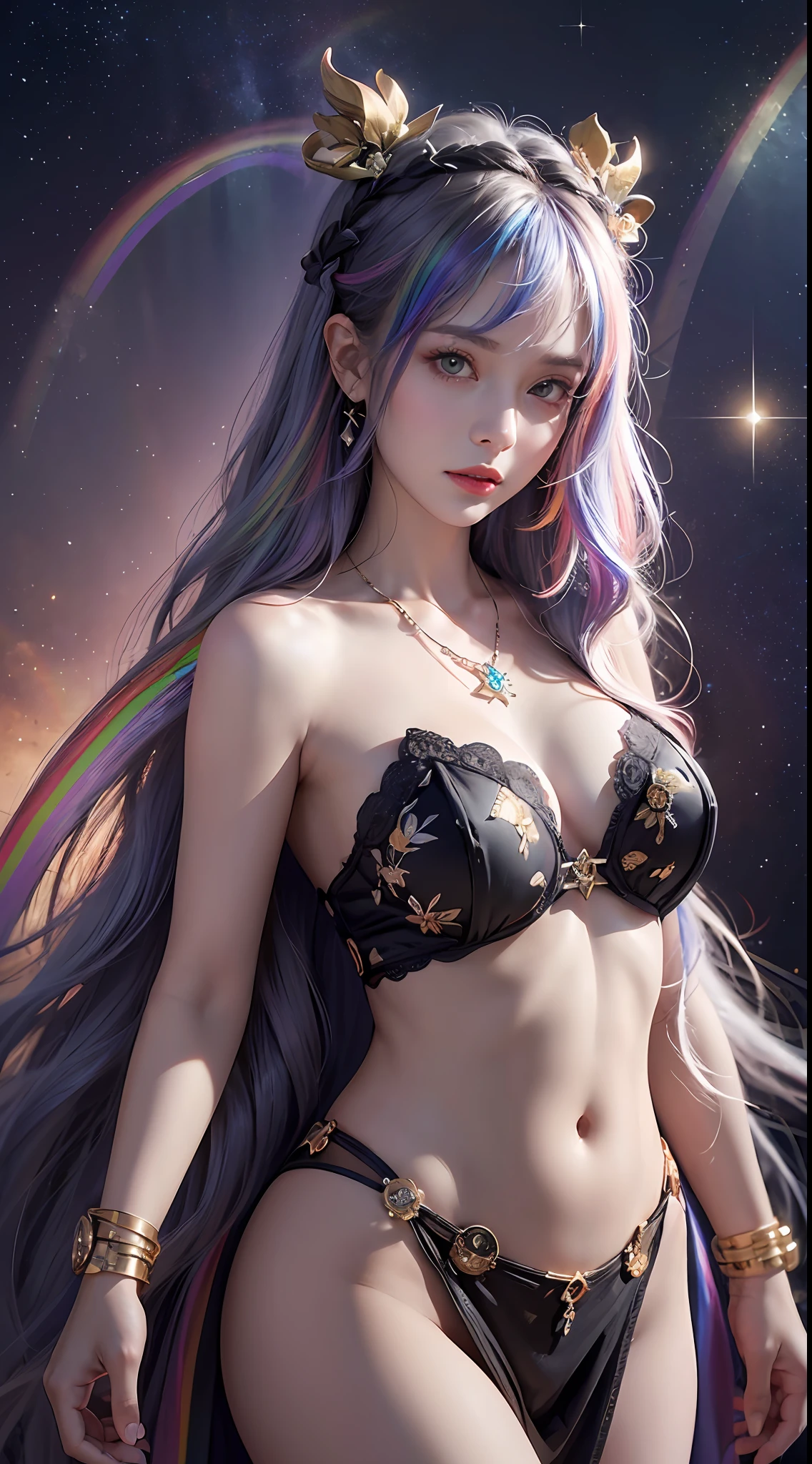 1 27-year-old girl, 1 zodiac goddess from the future, 12 zodiac goddess pink purple, 12 zodiac goddess face sexy thin yellow nightgown, long thin nightgown 12 zodiac many limbs sexy black lace detail, mythical goddess of the 12 zodiacs from the future, zodiac ♏, luxurious glittering zodiac style, dark and mysterious version, zodiac crown, lipstick red lips, thin and pretty lips, don't smile, keep your mouth shut, characters created by karol bak and pino daeni, intricate detail, detailed background, extremely detailed, light magic, a woman, clear face, looking at the upper body of the goddess of the zodiac, round breasts, big and round breasts, phoenix hair brooch, long hair with bangs, (Long hair has 7 colors like rainbow:1.9), beautiful detailed face and well-proportioned eyes, (transparent yellow eyes: 1.8), big round eyes and very beautiful and detailed makeup, visionary, long silk nightgown, mysterious makeup, Bracelets, side bangs and dye pale yellow, upper body, (zodiac goddess upper body: 1.8), drooping arms, Realistic and vivid photo, (stars that make up the zodiac: 1.7), ( sky zodiac and fictitious space and time portal: 1.8), fiction art, RAW photo, hanfu photo, best photo , high_res, best quality, best photo, 8k quality, 8k ultra , surrealism, the most economical real photo, artistic portrait of 12 zodiac signs, 1 symbol of 12 zodiac signs behind, single portrait of 12 zodiac goddess, The most realistic color scheme, best photo color, masterpiece, hair ornament, necklace, jewelry, Beautiful face, upper body, tyndall effect, photo realistic, dark studio, border light, two tone light, (detailed skin) high: 1.2), 8k uhd, dslr, soft light, high quality, volumetric light, candid, Photo, high resolution, 4k quality, 8k, Bokeh, Smooth and sharp, pixel up 10 times, Charming zodiac goddess, sexy zodiac goddess, (background space: 1.8), (galaxy: 1.7), aurora, lightning, (Aurora Background: 1.8) <lora:locon_perfecteyes_v1_from_v1_, beautiful goddess and flowers,
