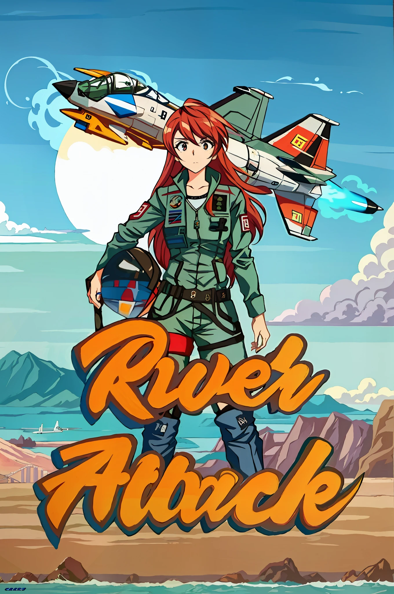a close up of a person with a jet on a poster, Arte Promocional, Arte Oficial, arte chave, Splash Art Oficial, album art, 70's jetfighter pilot girl, Riverside, Arte Promocional, 🕹️ 😎 🔫 🤖 🚬, Rio de Janeiro, arte do jogo de capa, rio ao fundo, official poster artwork, Arte Promocional, Arte Oficial, como rio, cabelos vermelhos