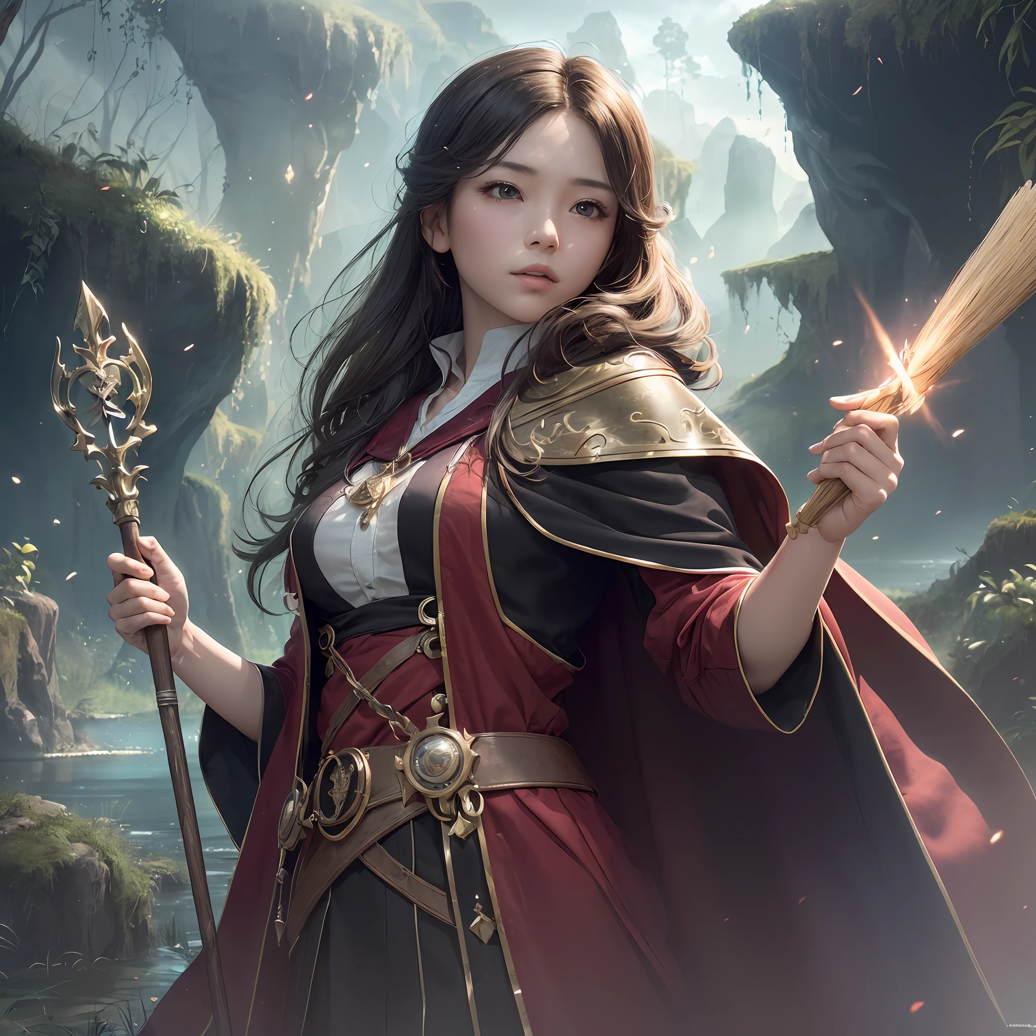 ((nmasterpiece，best qualitiy))，Outside the Enchanted Castle，(Young magician，in long hogwarts robes，Burgundy cape，holding wands))、Soar through the sky with a broomstick，Lead an alliance army of races on a dangerous and difficult expedition，Across a dense forest，Walk through treacherous swamps，Climb majestic peaks，Above a mysterious forgotten place，There is a huge cave surrounded by magic arrays。Dynamic composition，highly resolution，Vivid colors and dramatic lighting，Enhanced the magical atmosphere。((Extremely detailed 8K, High resolution, super alta qualidade, glareing, flashes of light, Global illumination, real hair movement, Realistic light, realistic shaded, Perfect quality, detailed shadow and light)), ((fantasy)), ((magic)), (((Cinematic light))), Colorful, ultra detaile, Dramaticlight, complexdetails, Best quality, (((Extremely detailed CG unit 8k wallpaper, 巨作, Best quality, ultradetailed, best shadow))), ((细致背景: 1.4))