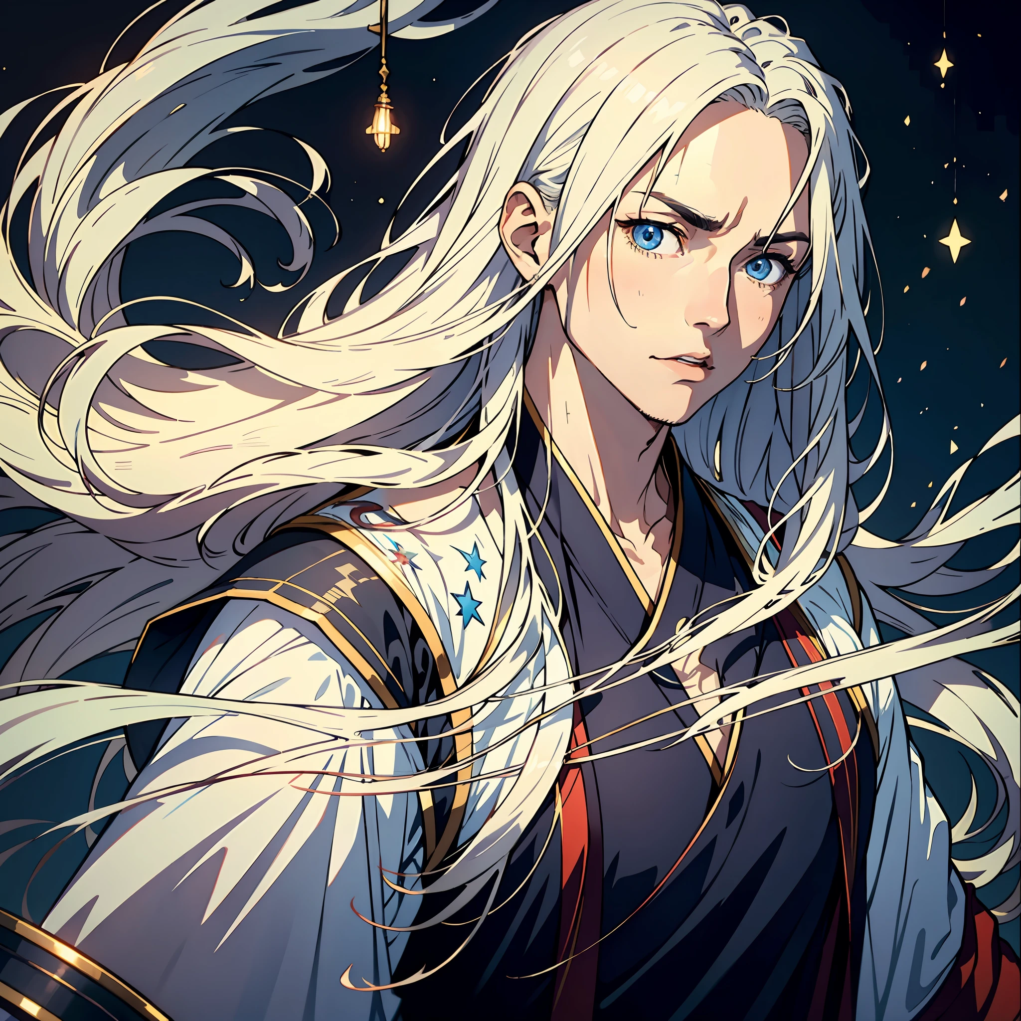 A 25-year-old man，Nice blue eyes，White long hair，Serious，Raise an eyebrow， (Hanfu), sidelighting, Stars, Cityscape, Armageddon，Masterpiece of the best quality，8K，intensely detailed，hight quality，highly resolution