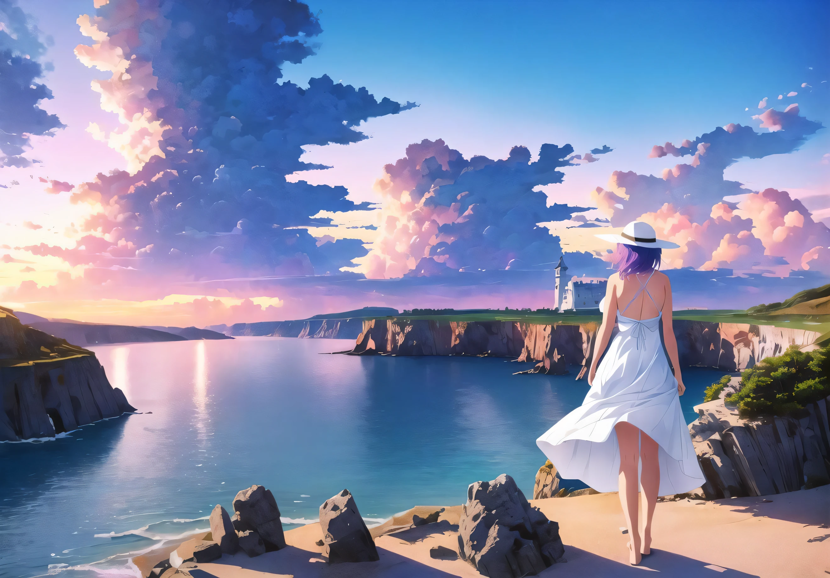 1girl,white sundress,blue hair,sun hat,wide hips,thick thigh,barefoot,tall girl,pink hair,looking away, beach, blue_sky, giantess, SWEATER,BACKLESS OUTFIT, building, castle, city, cloud, cloudy_sky, day, hat, house, island,lighthouse, mountain, ocean, outdoors, plant, purple_hair, rock, sky,water,gigantic,from behind,outdoors, (masterpiece, best quality:1.4),high quality, highly detailed,detailed,perfect,wide_shot,dingy,dim lightning,dramatic lightning,sydmead_style ,wind blowing, city far in the backgroud coverd with fog sunsetHyperStylizeV6