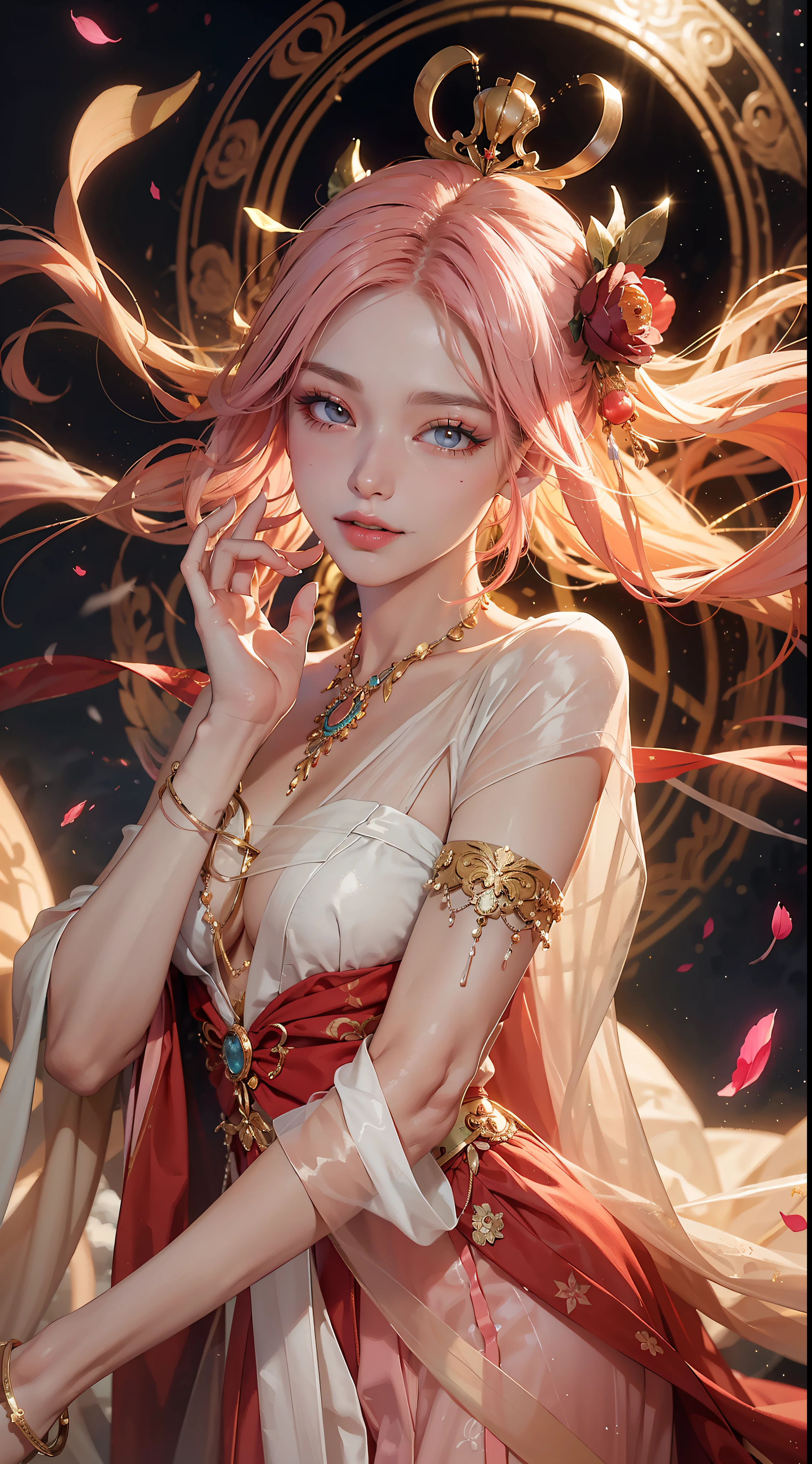 Realistic, (巨作, Top quality, Best quality, Art officiel, Beautiful and aesthetic:1.2), intensely detailed，s fractal art，rich colour，Most detailed，dynamic angle，（Fairy on the clouds）1 god girl，The Queen，Light pink hair，a Mandala，Bright eye，Hair combed back, happy tears, hime cut, Light smile, Glowing eyes, upturned eyes, long eyelash，hair flower, hair ornament，glaring，White translucent robe，Open cloth，fromabove