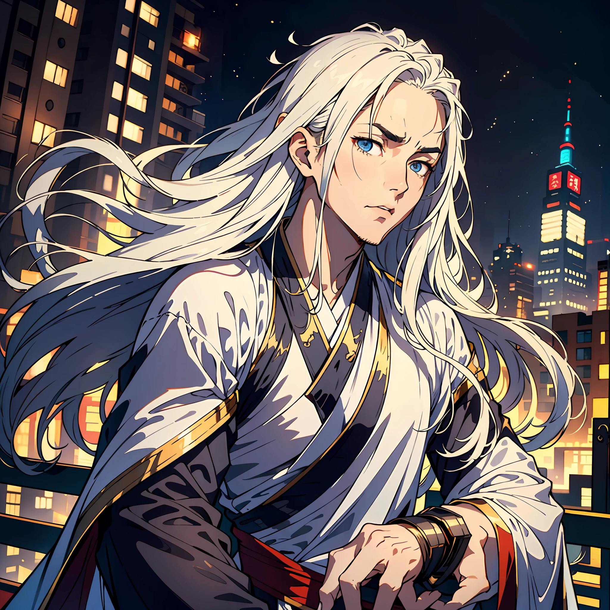 A 25-year-old man，Nice blue eyes，White long hair，Serious，Raise an eyebrow， (Hanfu), sidelighting, Stars, Cityscape, Armageddon，Masterpiece of the best quality，8K，intensely detailed，hight quality，highly resolution