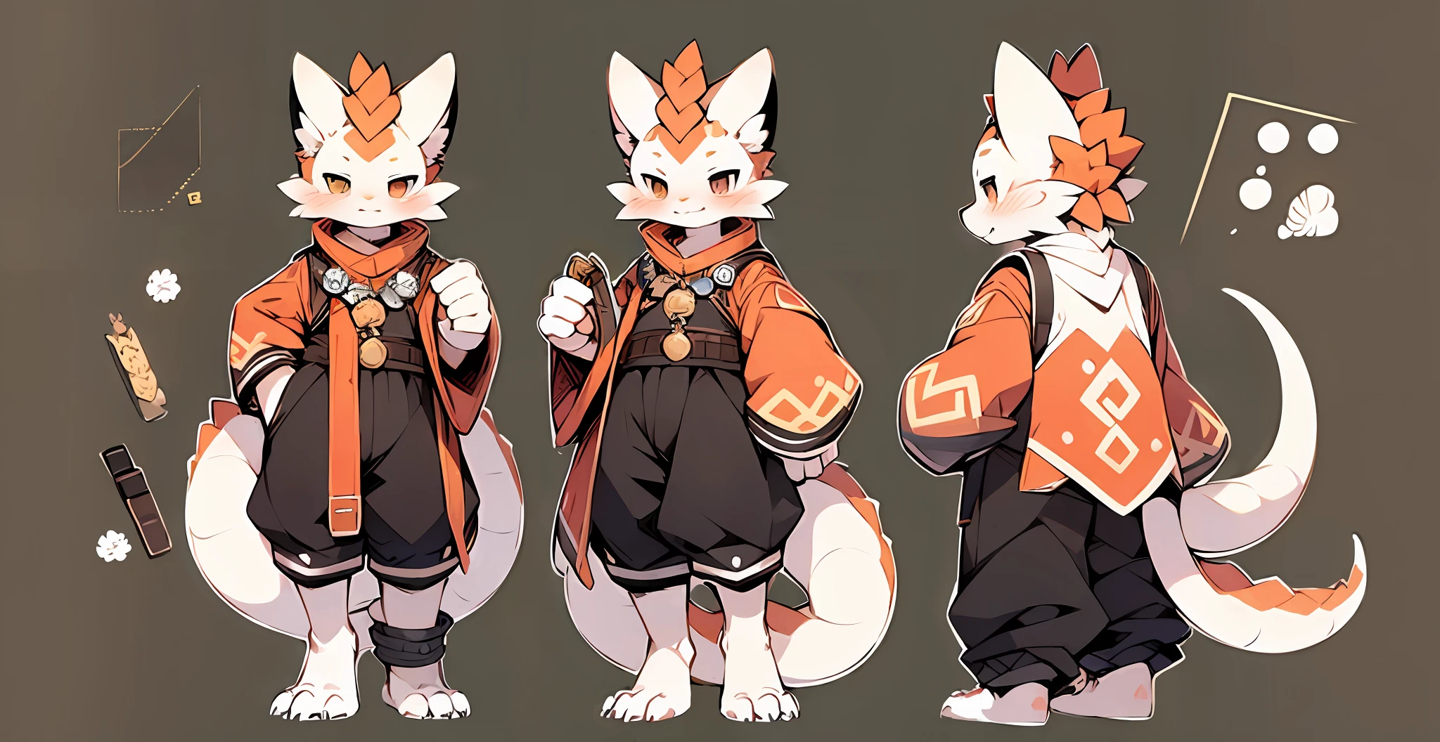 (drak, White scales,Naughty expression), Q version, Cutes, to stand, Master masterpieces, highly resolution,8K,detailedbackground,hight quality,Libido boy,(by Dagasi:1.1),独奏,( ( characterconcept art,reference sheet,individuality,character design sheet) ),(mandara,satchel,mailman,correspondence,protective goggles,A barefoot:0.6),