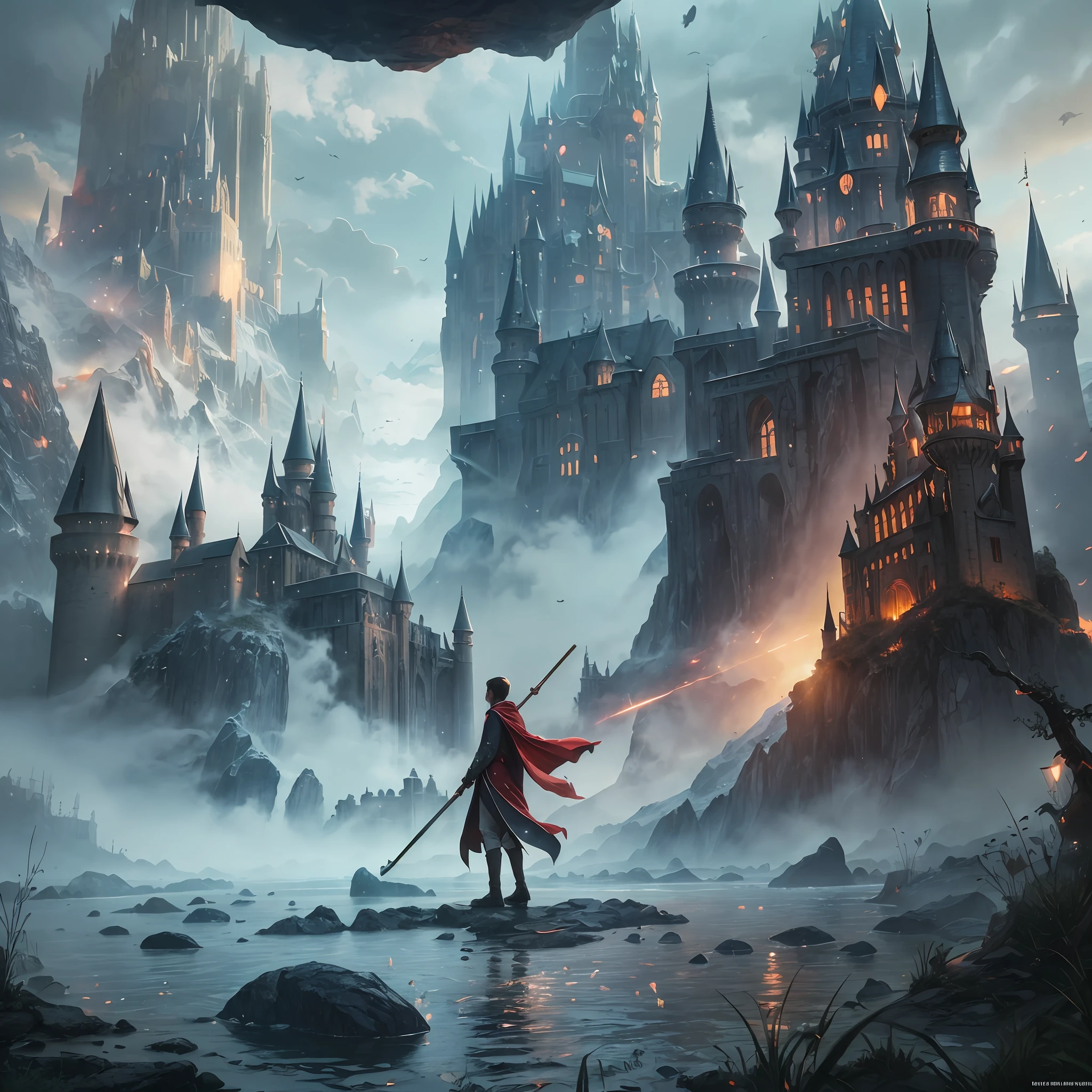 nmasterpiece，best qualitiy，(magic world)，Young magician，in long hogwarts robes，Burgundy cape，holding wands，Black dragons soaring in the sky，Lead an alliance army of races on a dangerous and difficult expedition，Across a dense forest，Walk through treacherous swamps，Climb majestic peaks，Above a mysterious forgotten place，There is a huge cave surrounded by magic arrays。Dynamic composition，highly resolution，Vivid colors and dramatic lighting，Enhanced the magical atmosphere