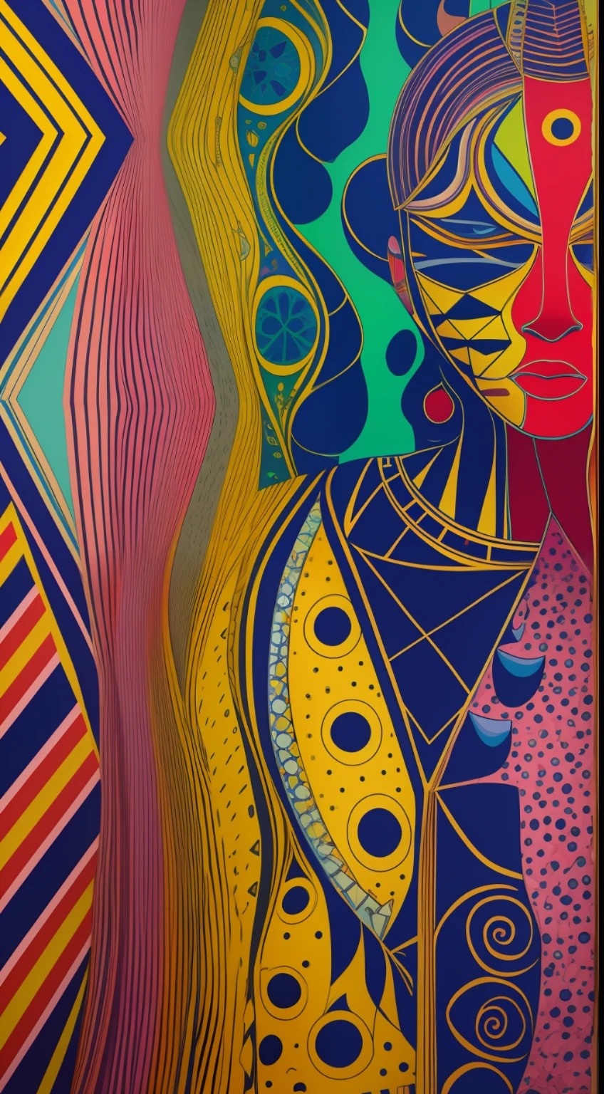 Self-dialogue, conflicting emotions, bright colors, abstract shapes, floral motifs, clean lines, humans shaped like geometric patterns, pastel hues, blurred edges, prismatic effect. Shot with a digital SLR, set to manual mode, f/2.8, ISO 400, with a 50mm lens. No flash. Film simulation: Velvia. Artists: Yayoi Kusama, Bridget Riley, Jean-Michel Basquiat.