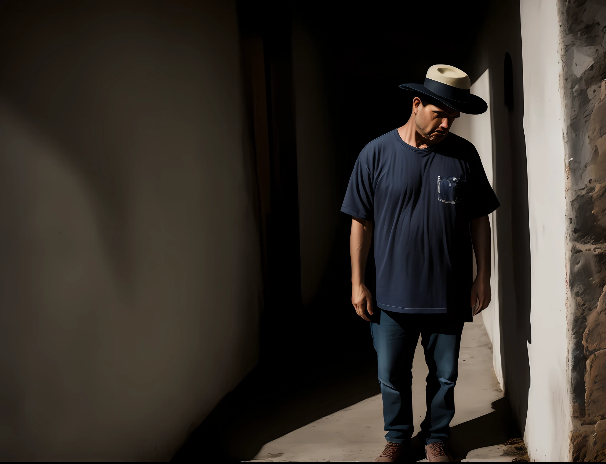 dreamlikeart foto crua, uma foto retrato de 35 y.o homem brasileiro triste em roupas, looking down with small hat, pintura na parede cinza (pele altamente detalhada: 1.2), 8k UHD, DSLR, Soft illumination, alta qualidade, movie grain, Fujifilm XT3