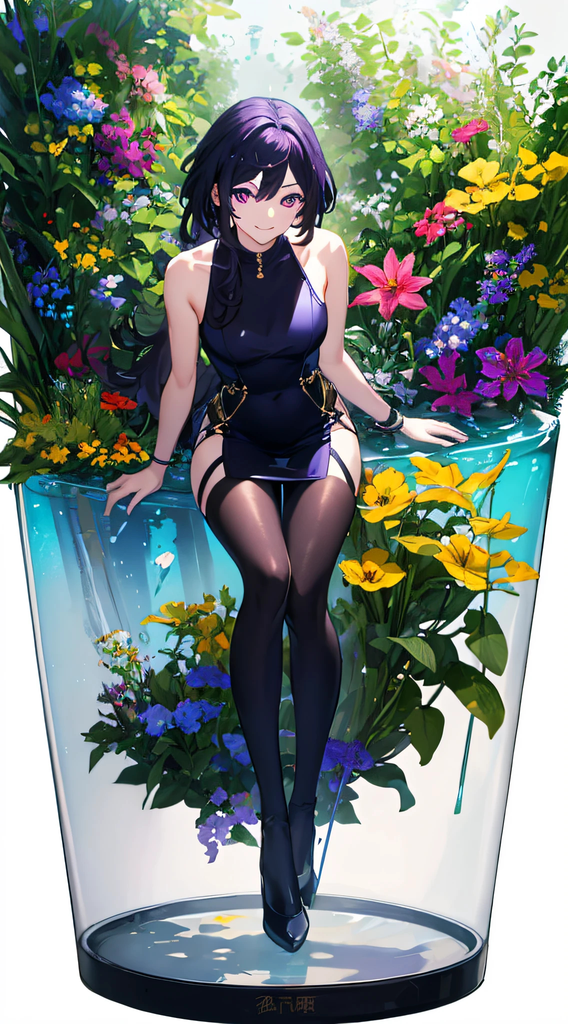 [(transparent background:1.5)::5],(((巨作))),(((Best quality))),(((Extremely detailed))),illustration,1girls,Solo,Mysterious,bright color,shiny ,Underwater transparent sealed hemispherical glass dome,(black color hair),(Purple eye),a whole body,Booties,long haired,Slip tight dress，Black pantyhose，Peaceful nature,Koi,under the water,Dome,Close up of,Dynamic action,Lens perspective,(((Box composition)) ), Leaning on the bookshelf cross-legged, volumettic light, multi-color eyes, Detailed eyes, ultra detaild, Light smile, highly detaild, ayu, smalldetailed, ultra detaild, best possible quality, complex, 4K, 8K, The trend is on ArtStation，Good anatomy，beautiful lit，award-wining，