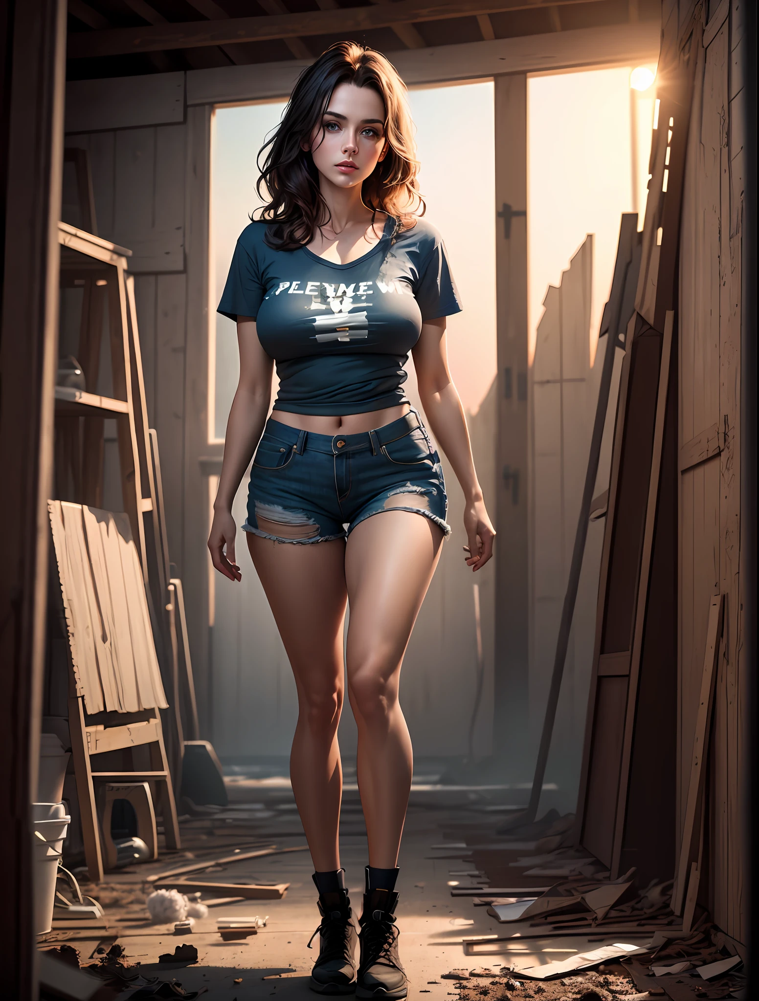 Hyper real photo of ((full-body woman inside a messy barn with a sexy worn cotton t-shirt)), ((detailed realistic face and eyes)), cinematic lighting, 8K resolution, (modelshoot style), sunset, (from_below:1.4), large breasts