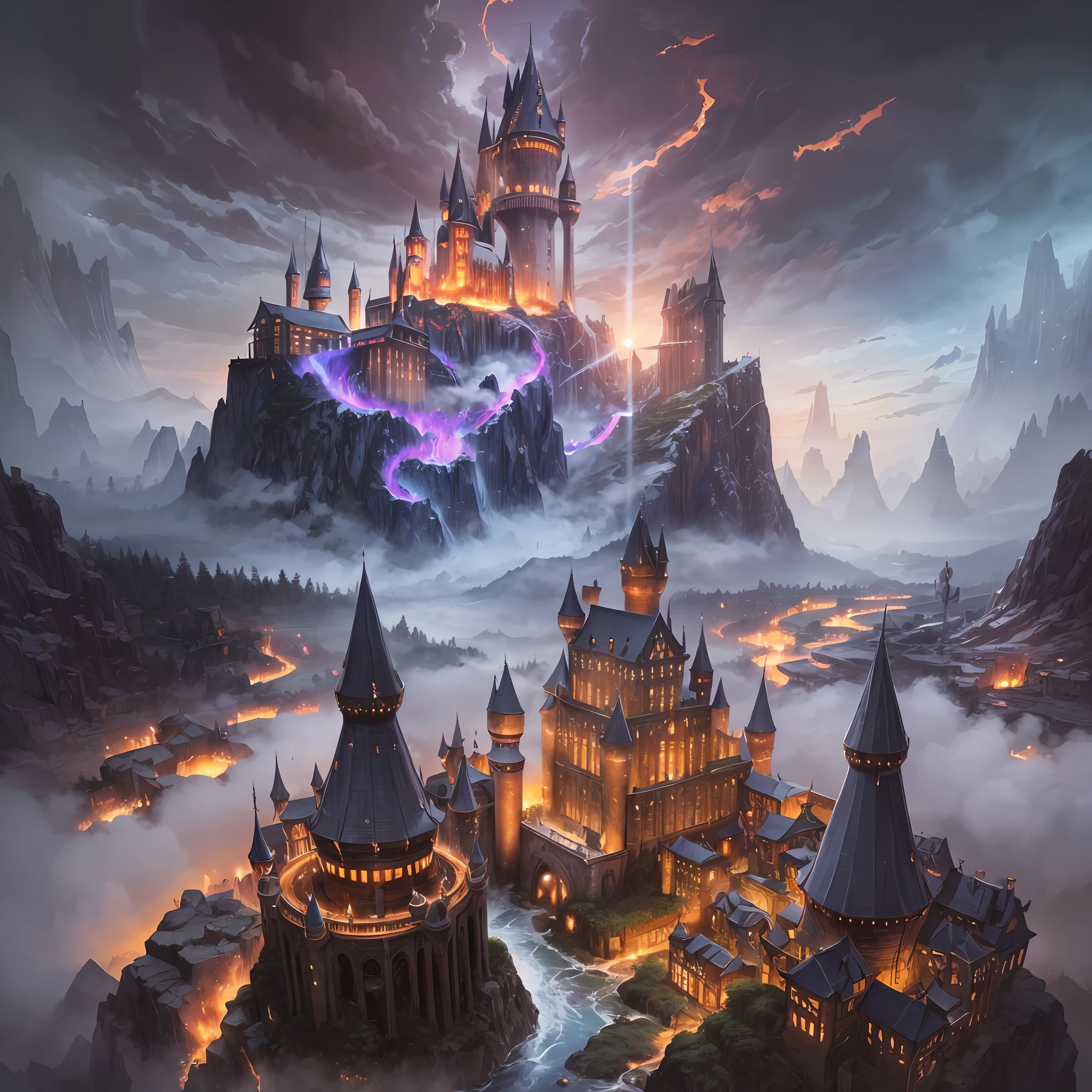 nmasterpiece,best qualitiy,magic world,A group of young magicians,in long hogwarts robes,Burgundy cape,holding wands,Soar through the sky with a broomstick,Lead an alliance army of races on a dangerous and difficult expedition,Across a dense forest,Walk through treacherous swamps,Climb majestic peaks,Above a mysterious forgotten place,There is a huge cave surrounded by magic arrays。Dynamic composition,highly resolution,Vivid colors and dramatic lighting,Enhanced the magical atmosphere
