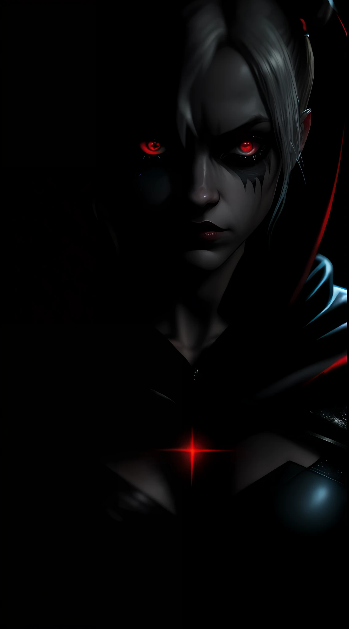 (dark shot: 1.1), epic realistic, Harley Quinn in the dark with glowing eyes and glowing cape, soft cinematic light, Adobe Lightroom, darkroom, HDR, intricate, highly detailed, (depth of field: 1.4), hyper-detail (artstation: 1.4), cinematic, warm light, dramatic light (complex details: 1.1)