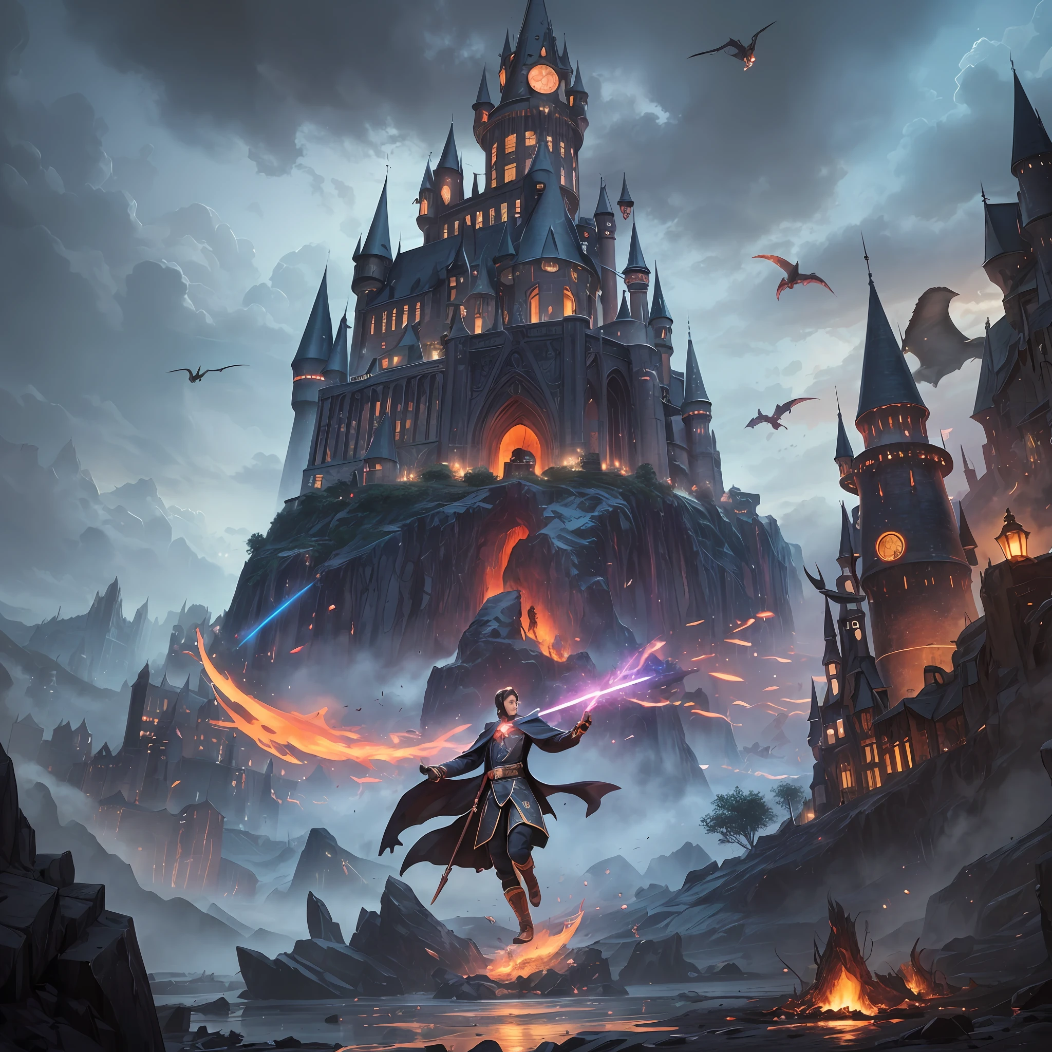nmasterpiece，best qualitiy，(magic world)，Young magician，in long hogwarts robes，Burgundy cape，holding wands，Black dragons soaring in the sky，Lead an alliance army of races on a dangerous and difficult expedition，Across a dense forest，Walk through treacherous swamps，Climb majestic peaks，Above a mysterious forgotten place，There is a huge cave surrounded by magic arrays。Dynamic composition，highly resolution，Vivid colors and dramatic lighting，Enhanced the magical atmosphere