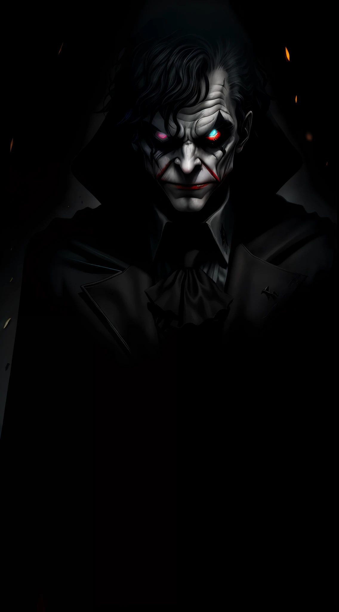 (dark shot: 1.1), epic realistic, Joker in the dark with glowing eyes and glowing cape, soft cinematic light, Adobe Lightroom, darkroom, HDR, intricate, highly detailed, (depth of field: 1.4), hyper-detail (artstation: 1.4), cinematic, warm light, dramatic light (complex details: 1.1)